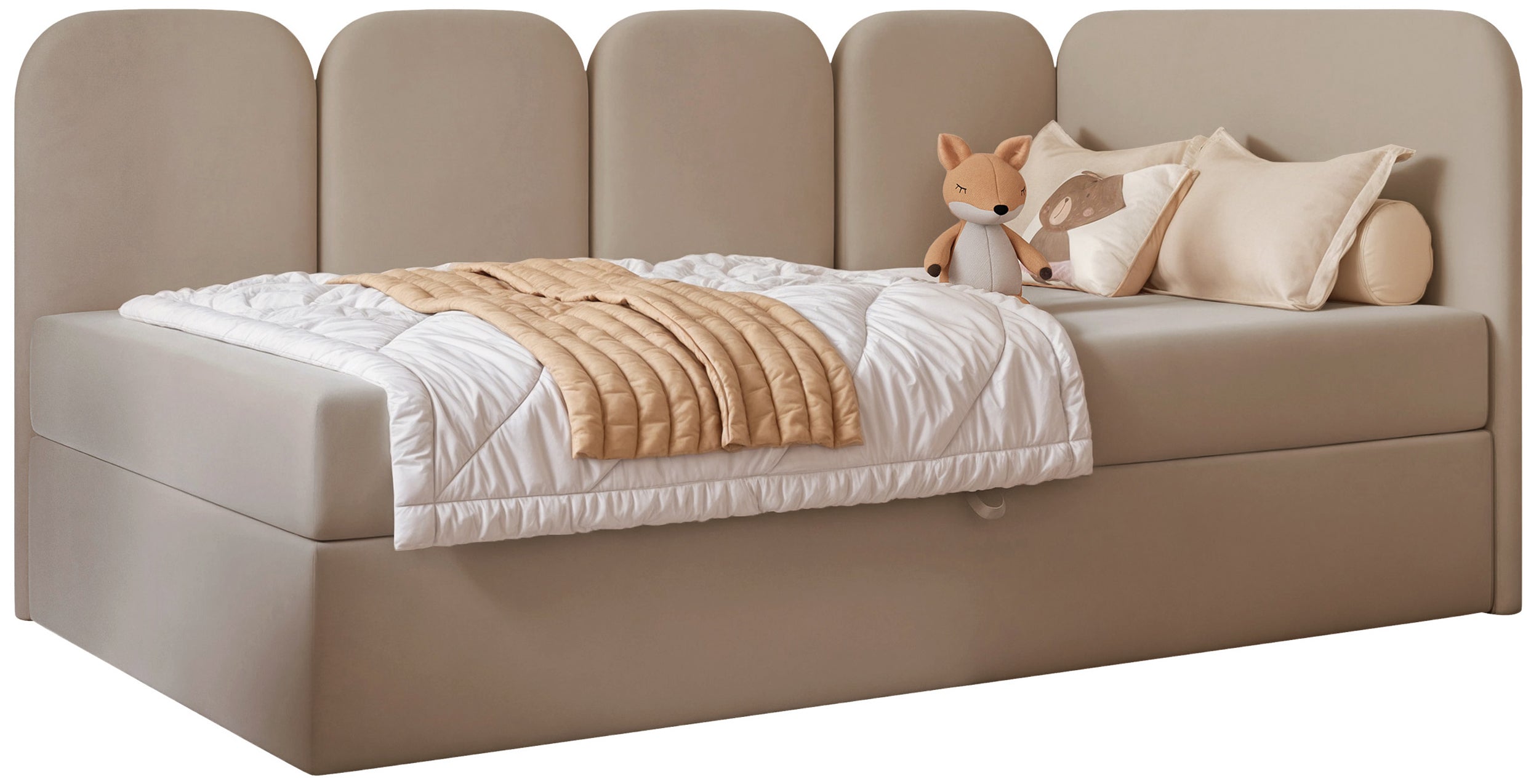 Jugendbett 90x200 cm Nubini, rechtsseitig, mit Stauraum, beige Velours, wasserabweisend