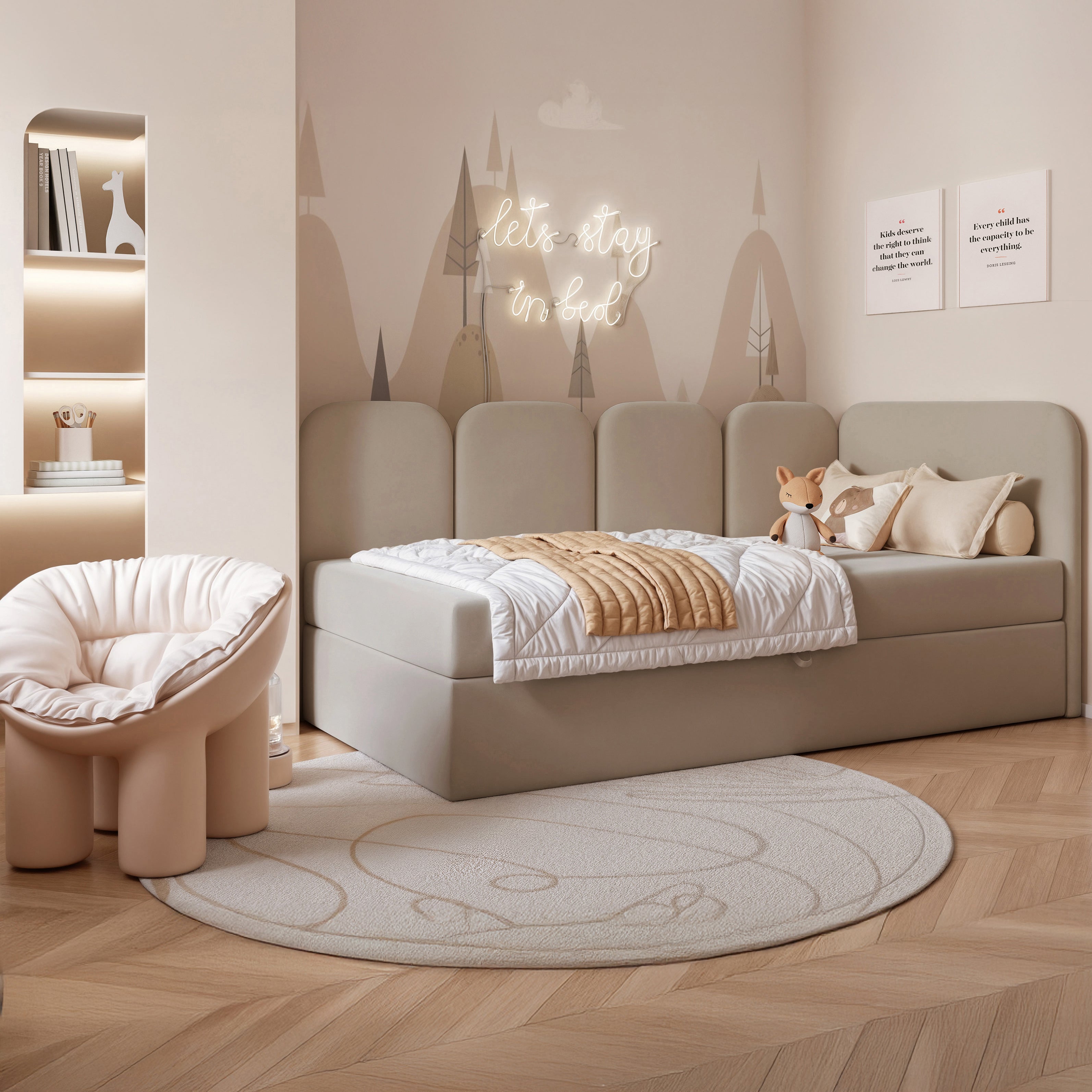Jugendbett 90x200 cm Nubini, rechtsseitig, mit Stauraum, beige Velours, wasserabweisend