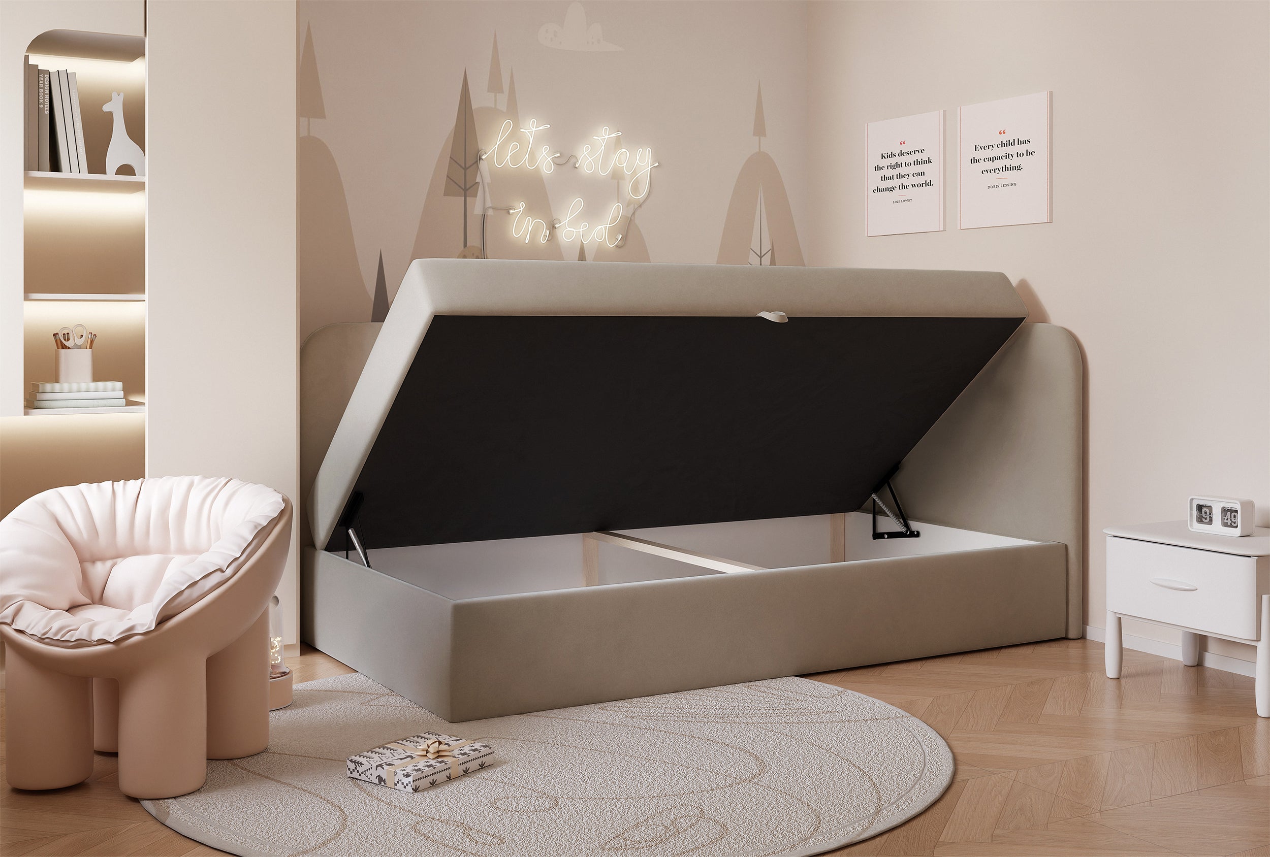 Jugendbett 90x200 cm Nubini, rechtsseitig, mit Stauraum, beige Velours, wasserabweisend