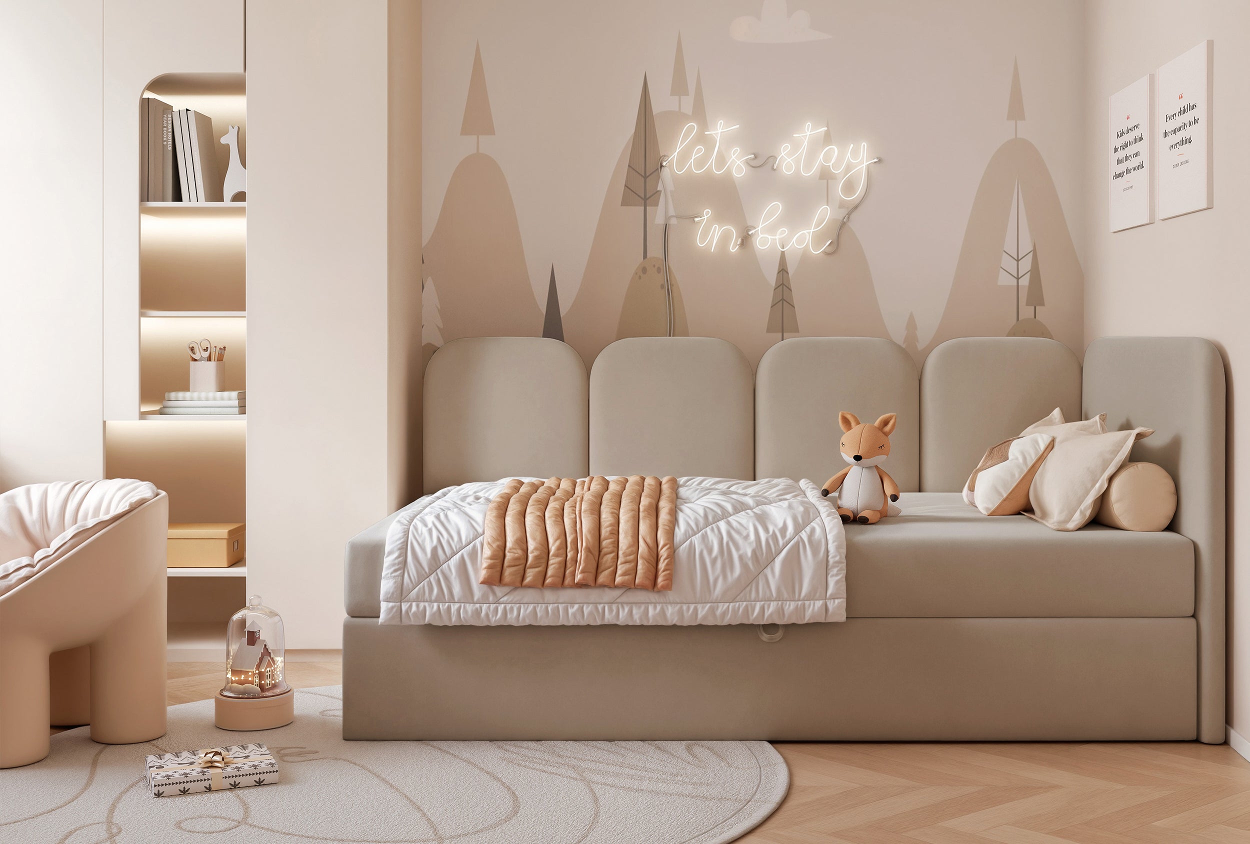 Jugendbett 90x200 cm Nubini, rechtsseitig, mit Stauraum, beige Velours, wasserabweisend