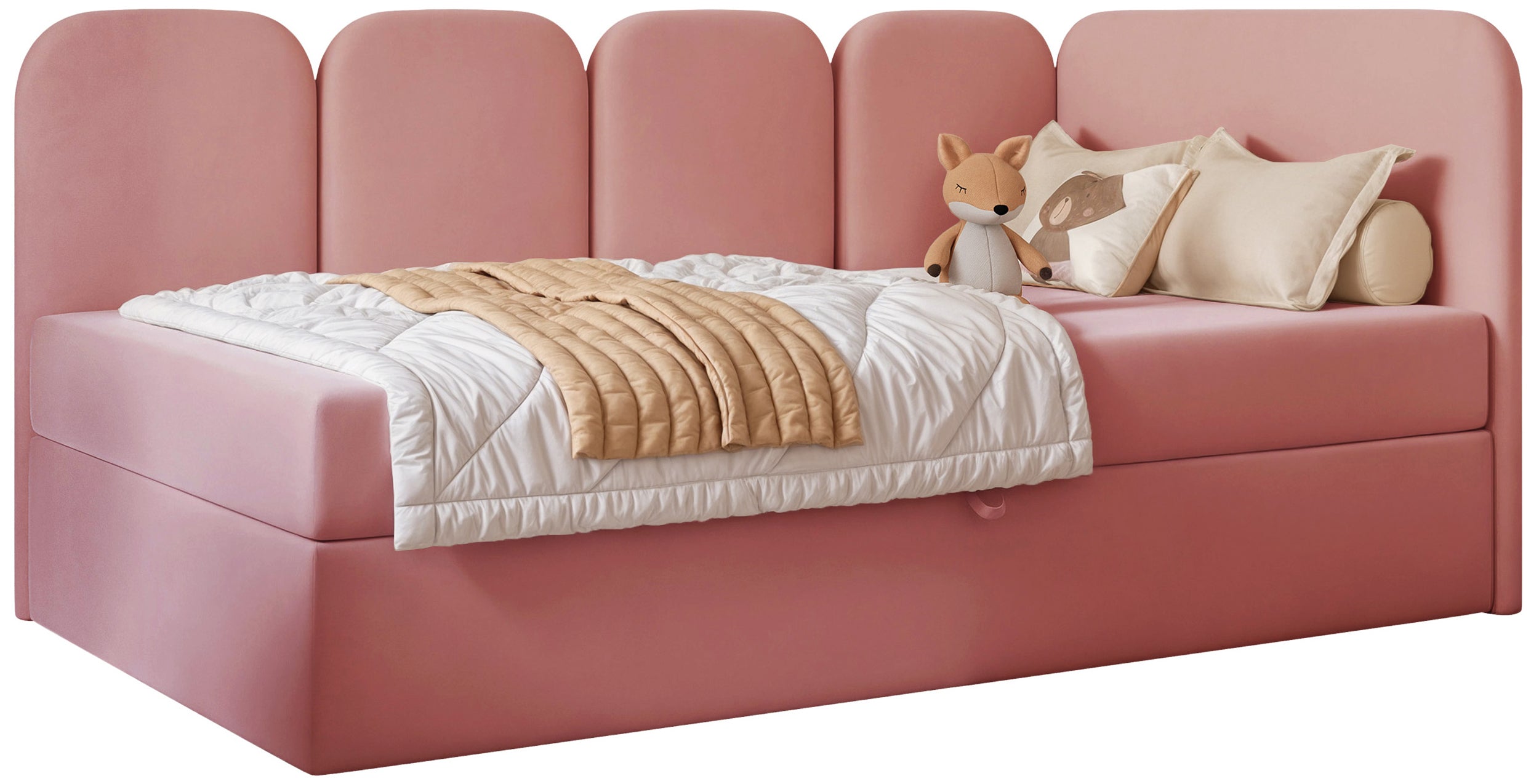 Jugendbett 90x200 cm Nubini rechtsseitig mit Stauraum rosa Velours wasserabweisend