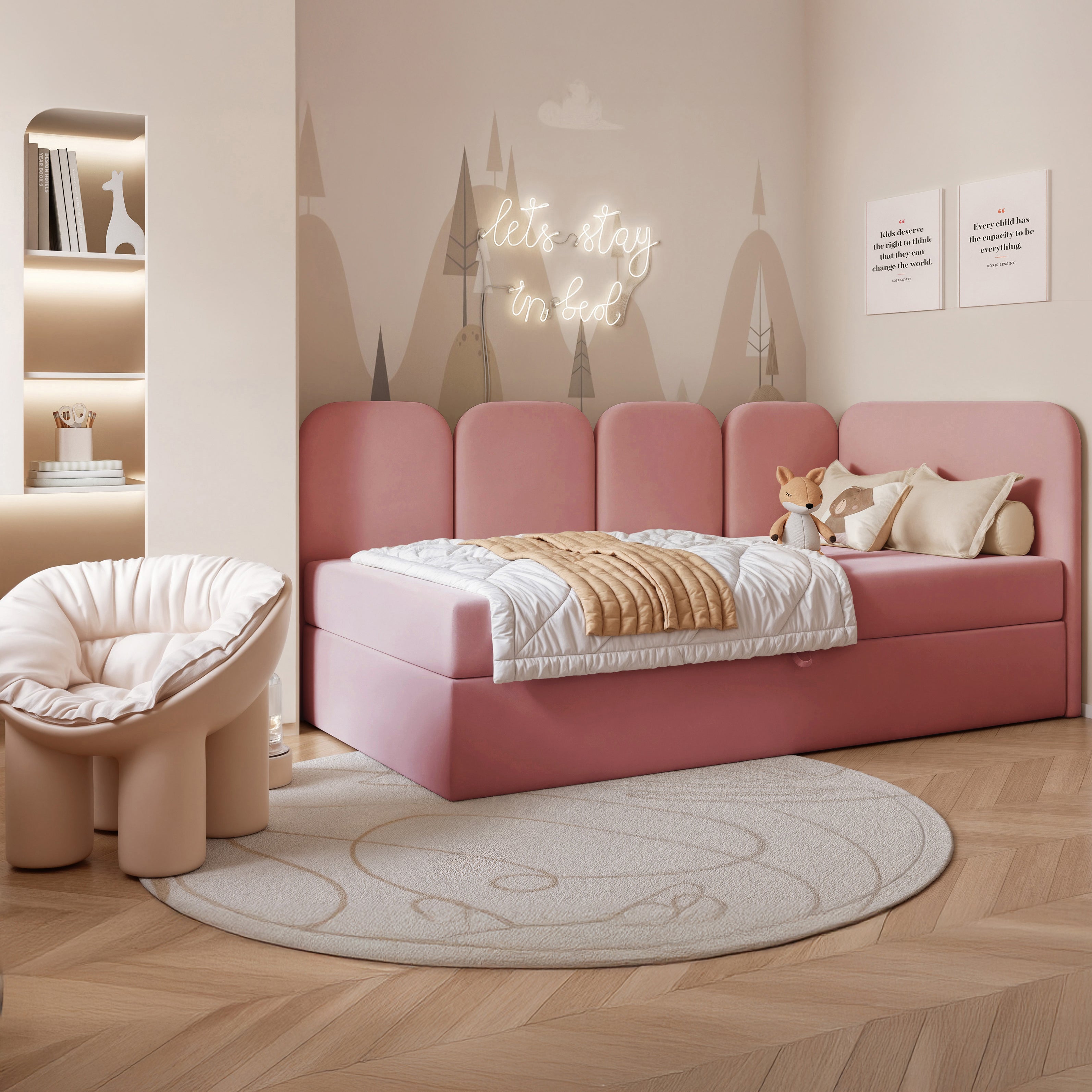 Jugendbett 90x200 cm Nubini rechtsseitig mit Stauraum rosa Velours wasserabweisend