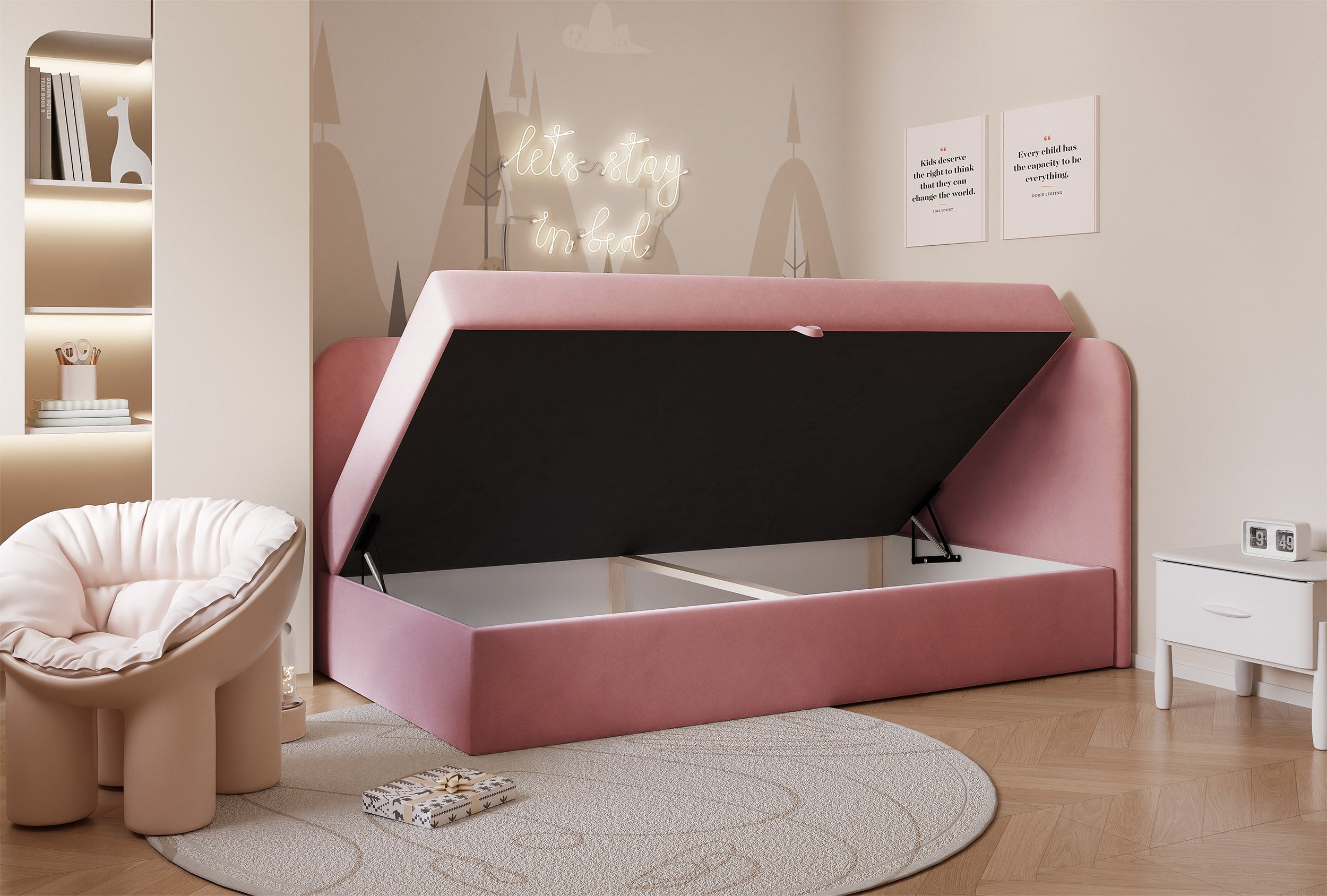 Jugendbett 90x200 cm Nubini rechtsseitig mit Stauraum rosa Velours wasserabweisend