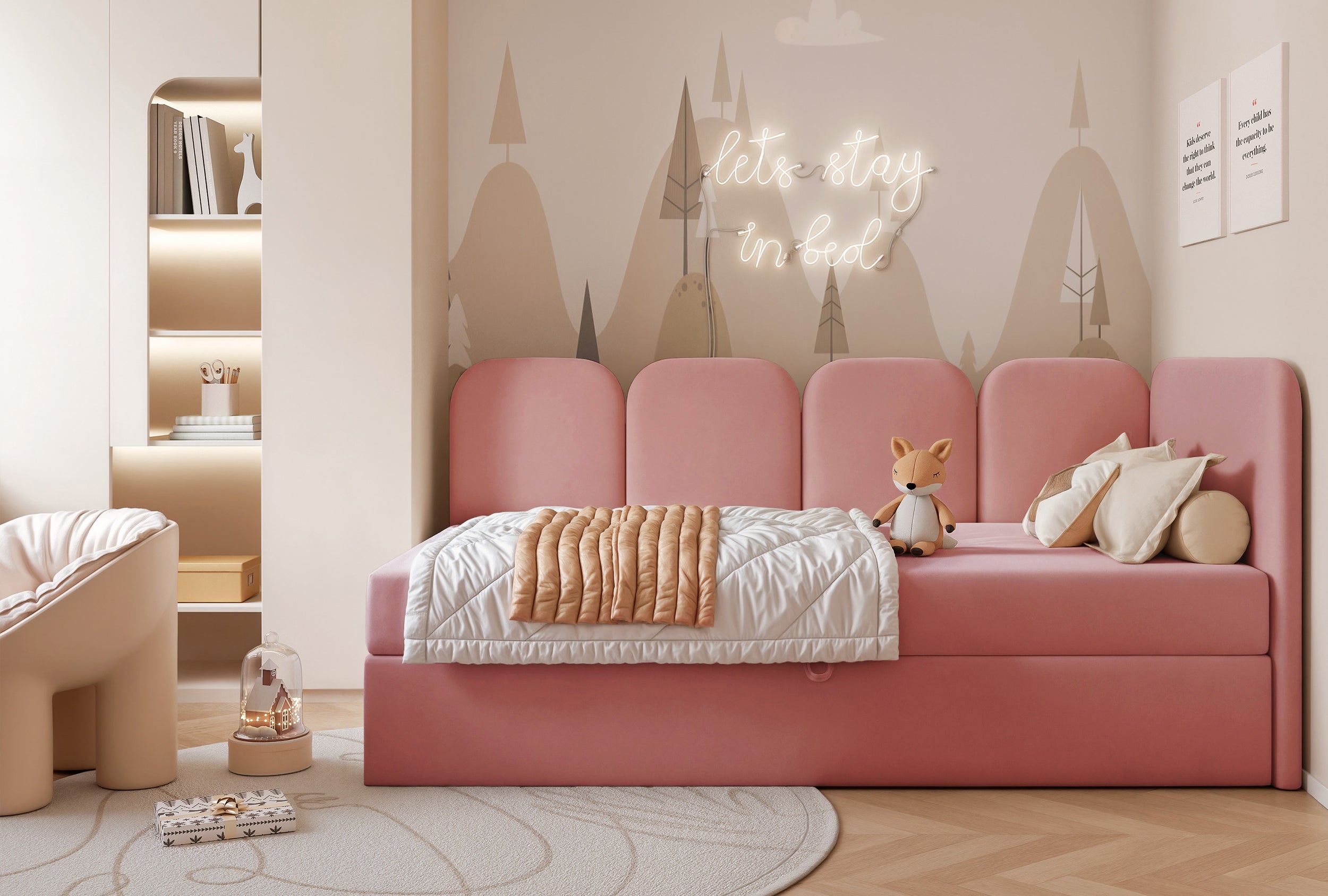Jugendbett 90x200 cm Nubini rechtsseitig mit Stauraum rosa Velours wasserabweisend