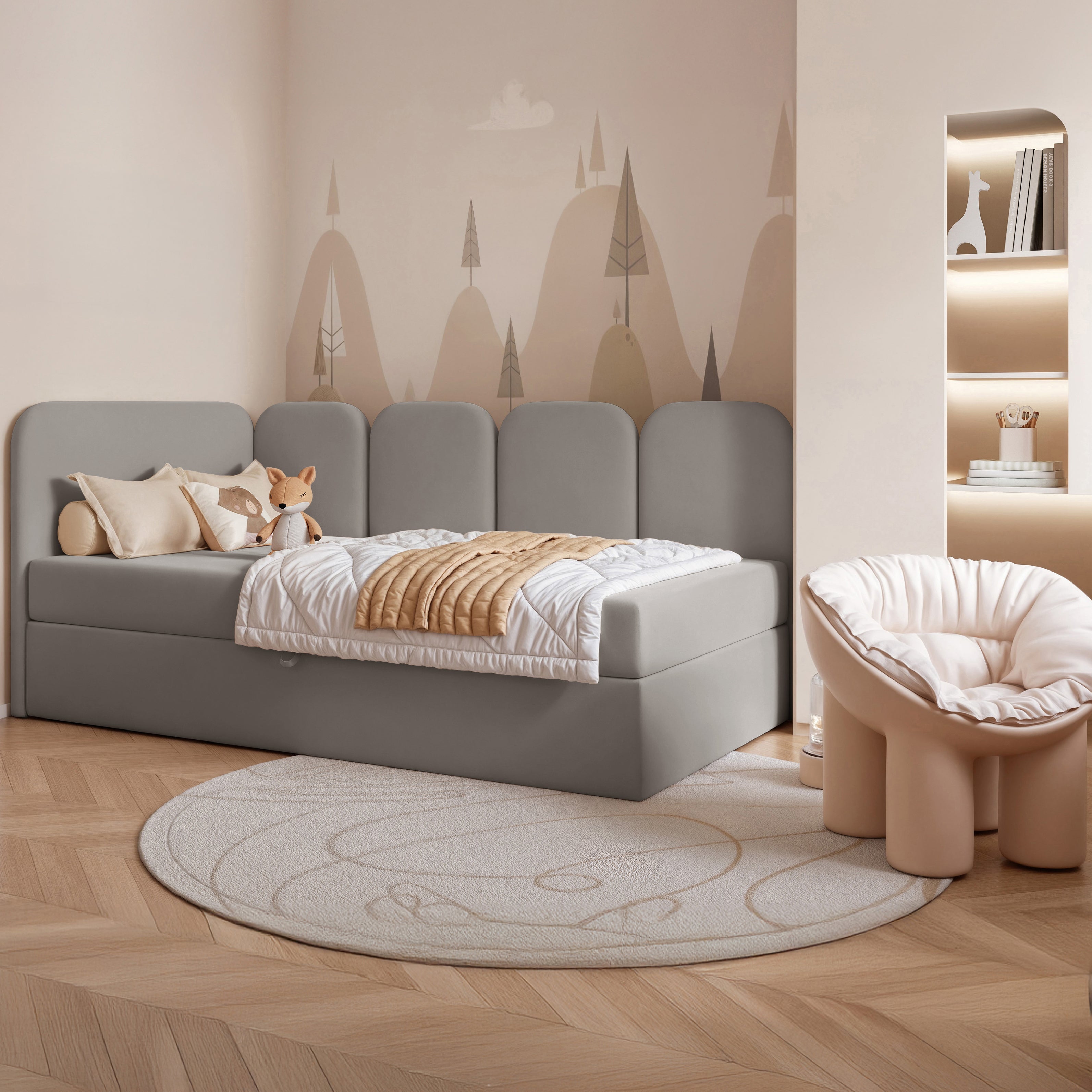 Jugendbett 90x200 cm Nubini linksseitig mit Stauraum, grauer Velours, wasserabweisend