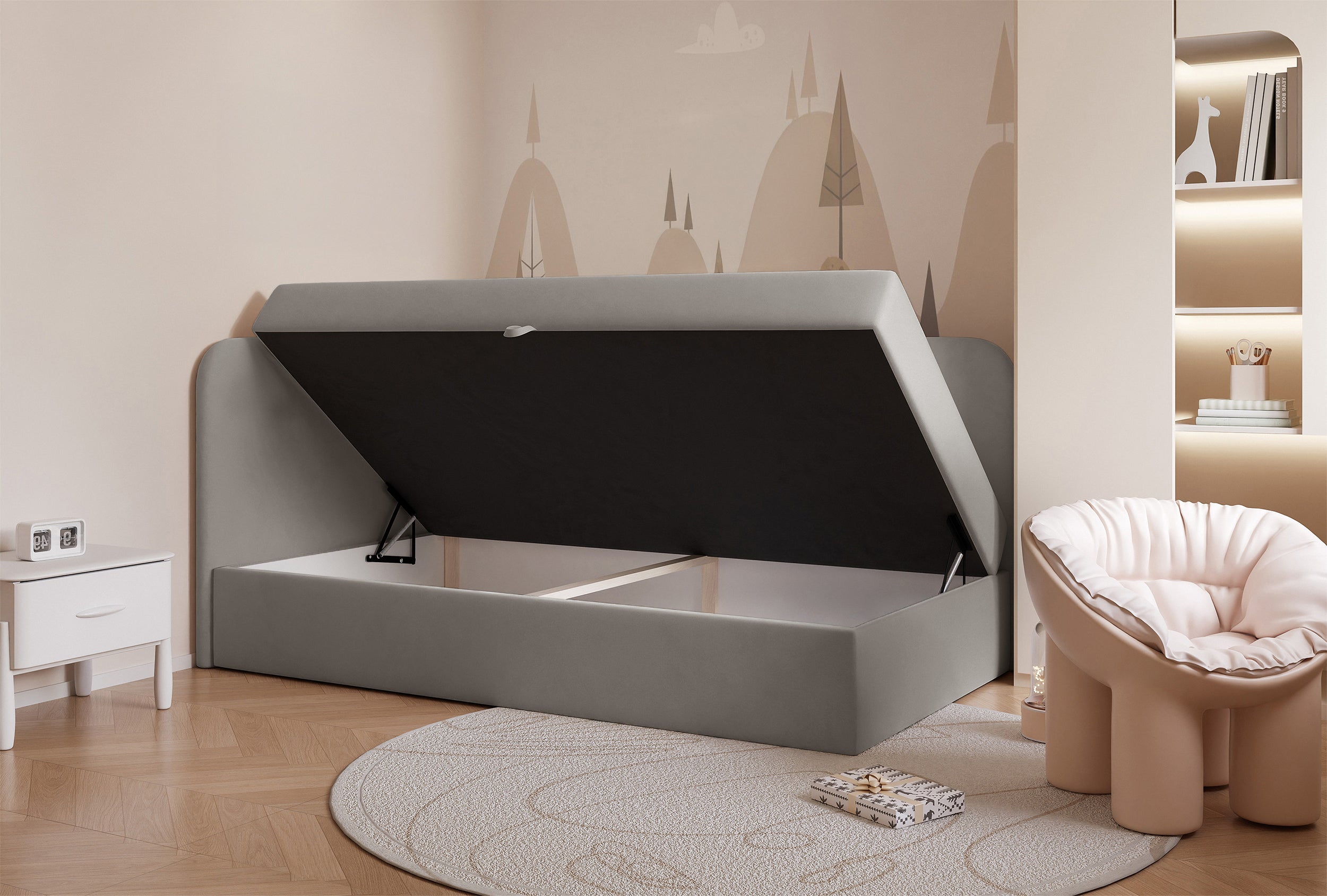 Jugendbett 90x200 cm Nubini linksseitig mit Stauraum, grauer Velours, wasserabweisend