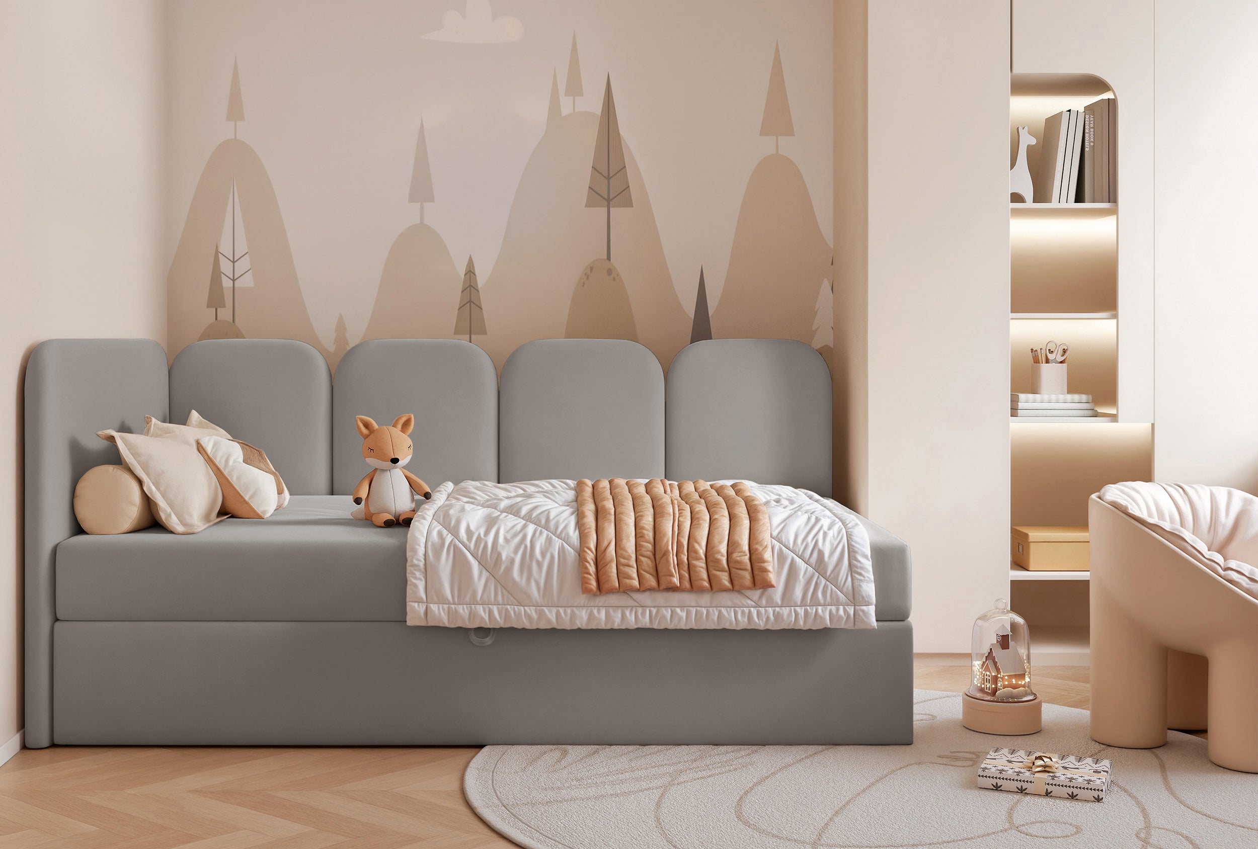 Jugendbett 90x200 cm Nubini linksseitig mit Stauraum, grauer Velours, wasserabweisend