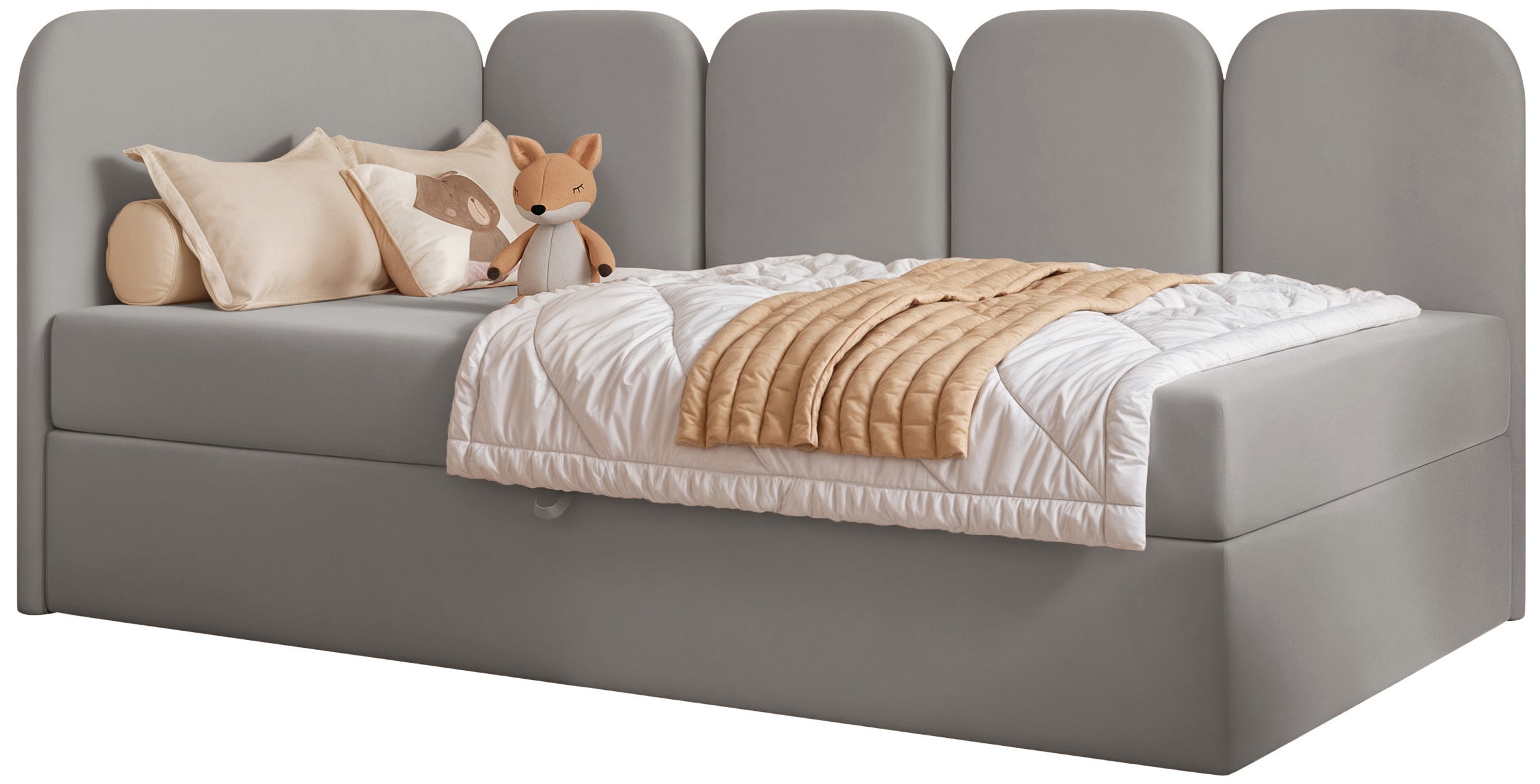 Jugendbett 90x200 cm Nubini linksseitig mit Stauraum, grauer Velours, wasserabweisend