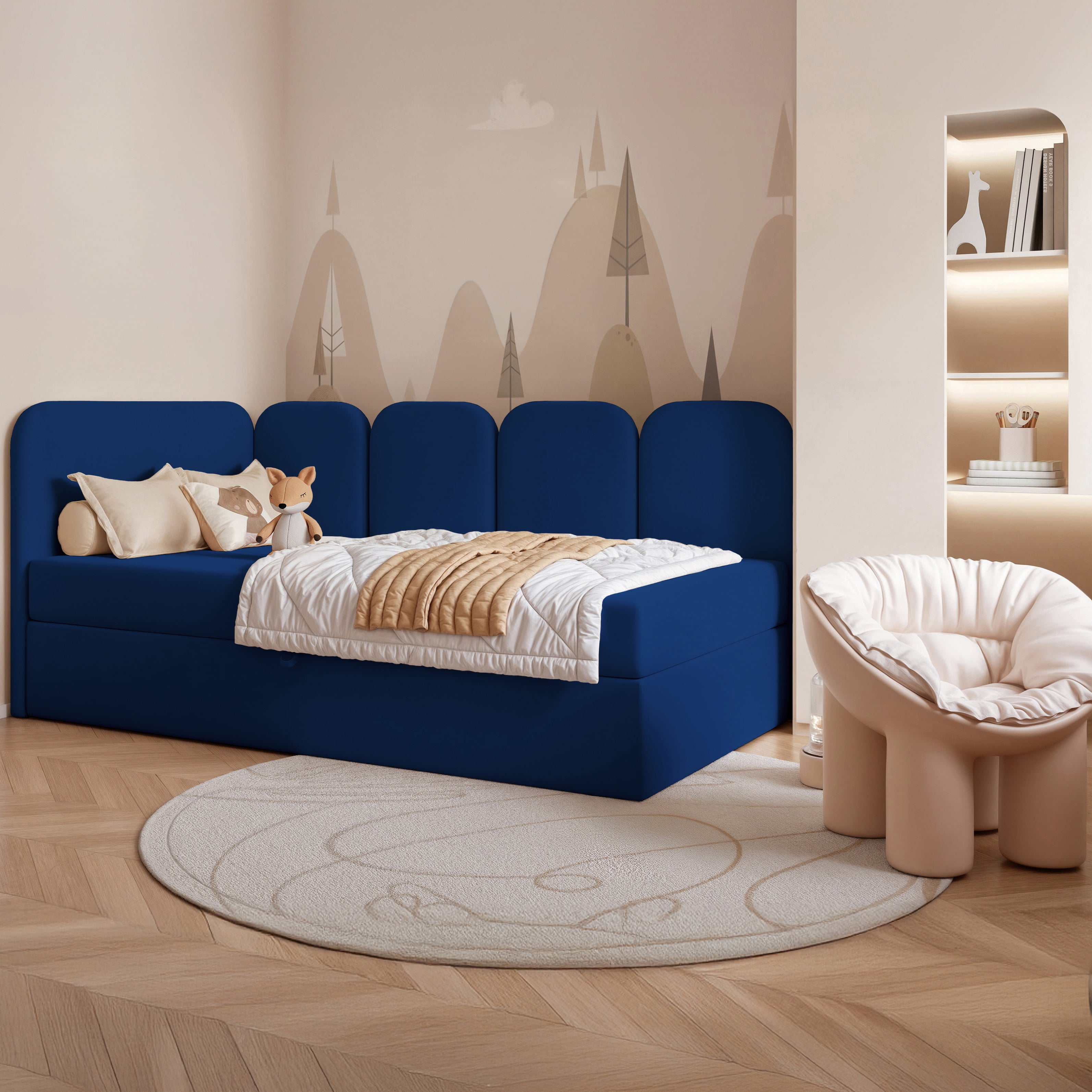 Jugendbett 90x200 cm Nubini linksseitig mit Stauraum, blau, Velours, wasserabweisend