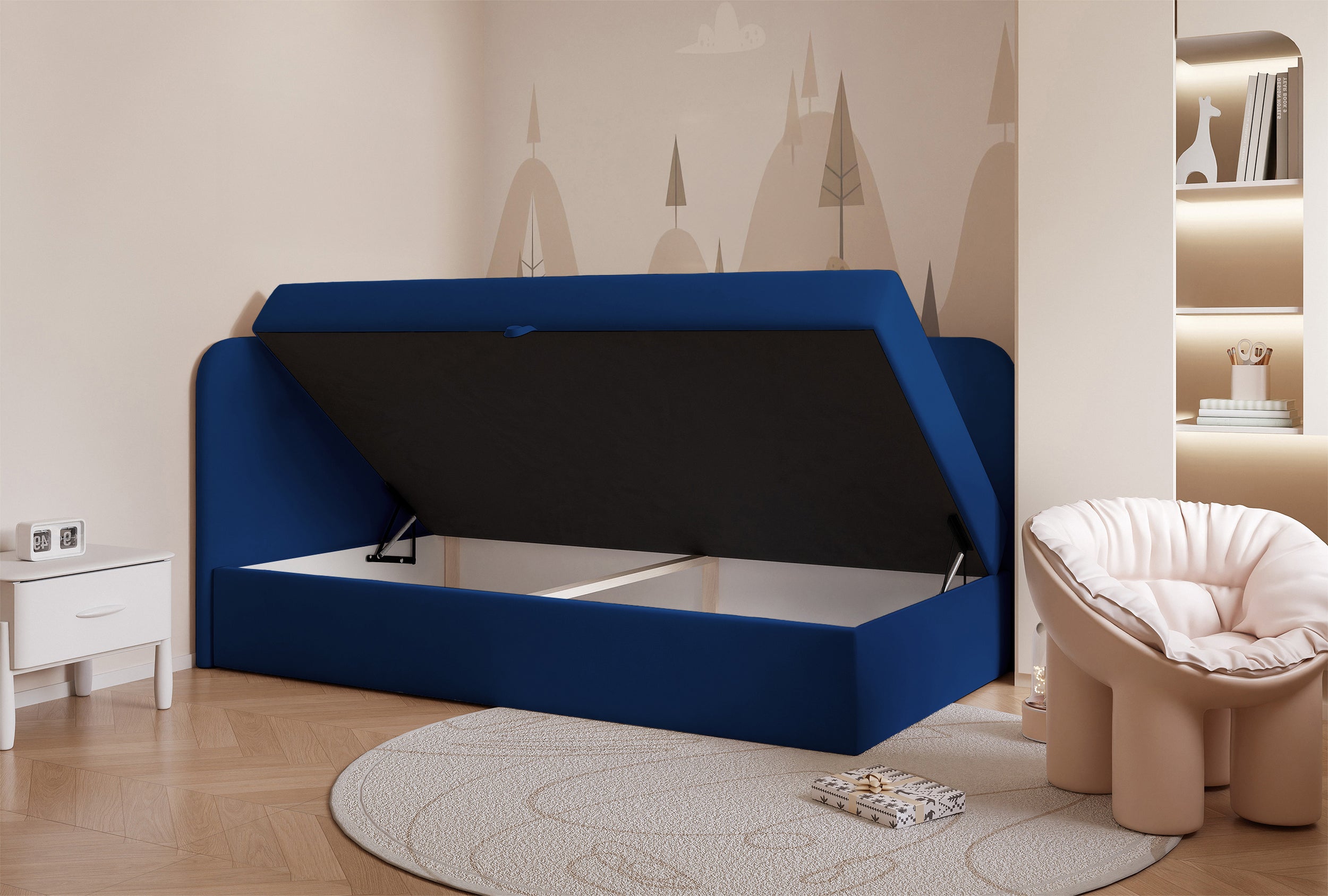 Jugendbett 90x200 cm Nubini linksseitig mit Stauraum, blau, Velours, wasserabweisend