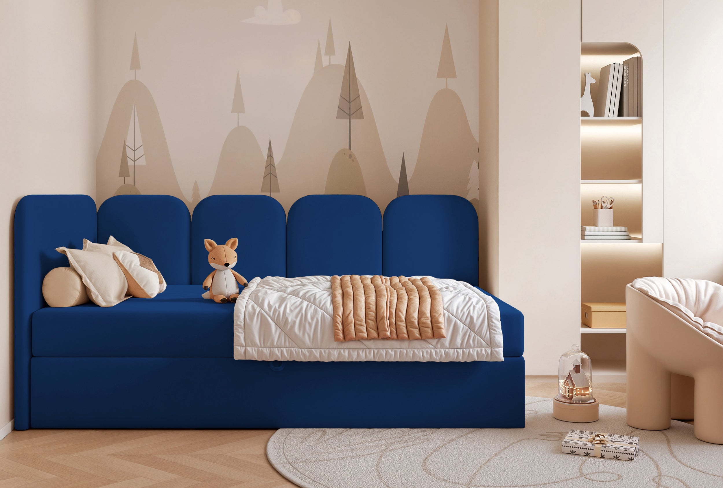 Jugendbett 90x200 cm Nubini linksseitig mit Stauraum, blau, Velours, wasserabweisend