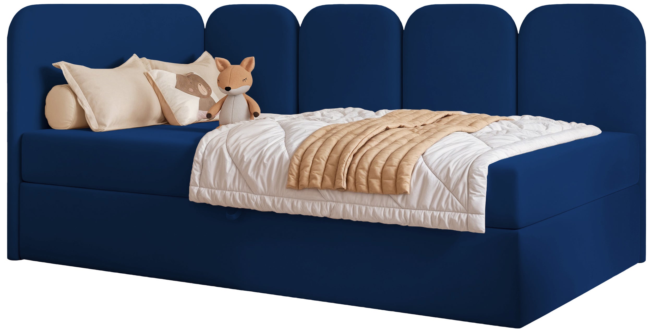 Jugendbett 90x200 cm Nubini linksseitig mit Stauraum, blau, Velours, wasserabweisend