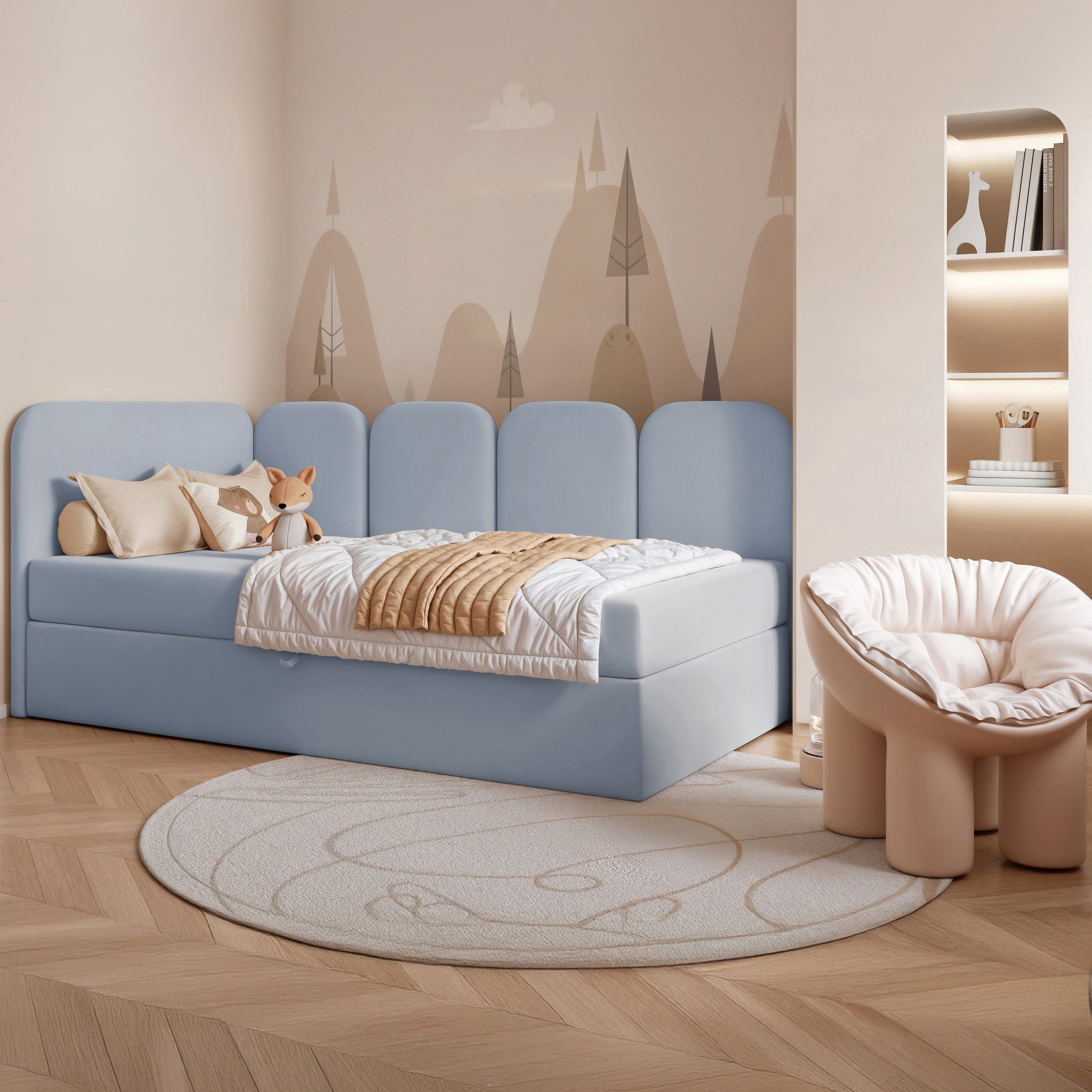 Jugendbett 90x200 cm Nubini linksseitig mit Stauraum, hellblauer wasserabweisender Samt