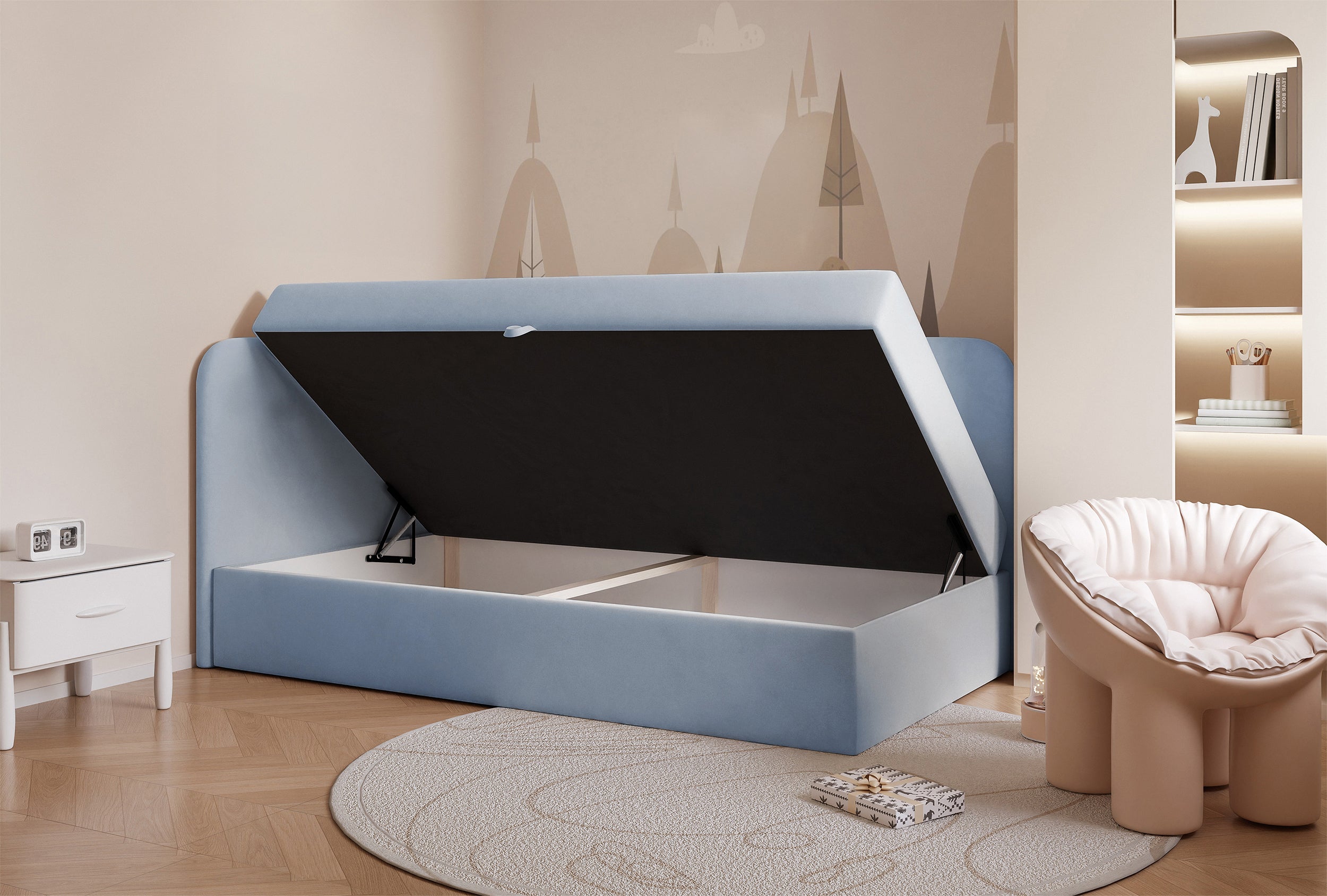 Jugendbett 90x200 cm Nubini linksseitig mit Stauraum, hellblauer wasserabweisender Samt