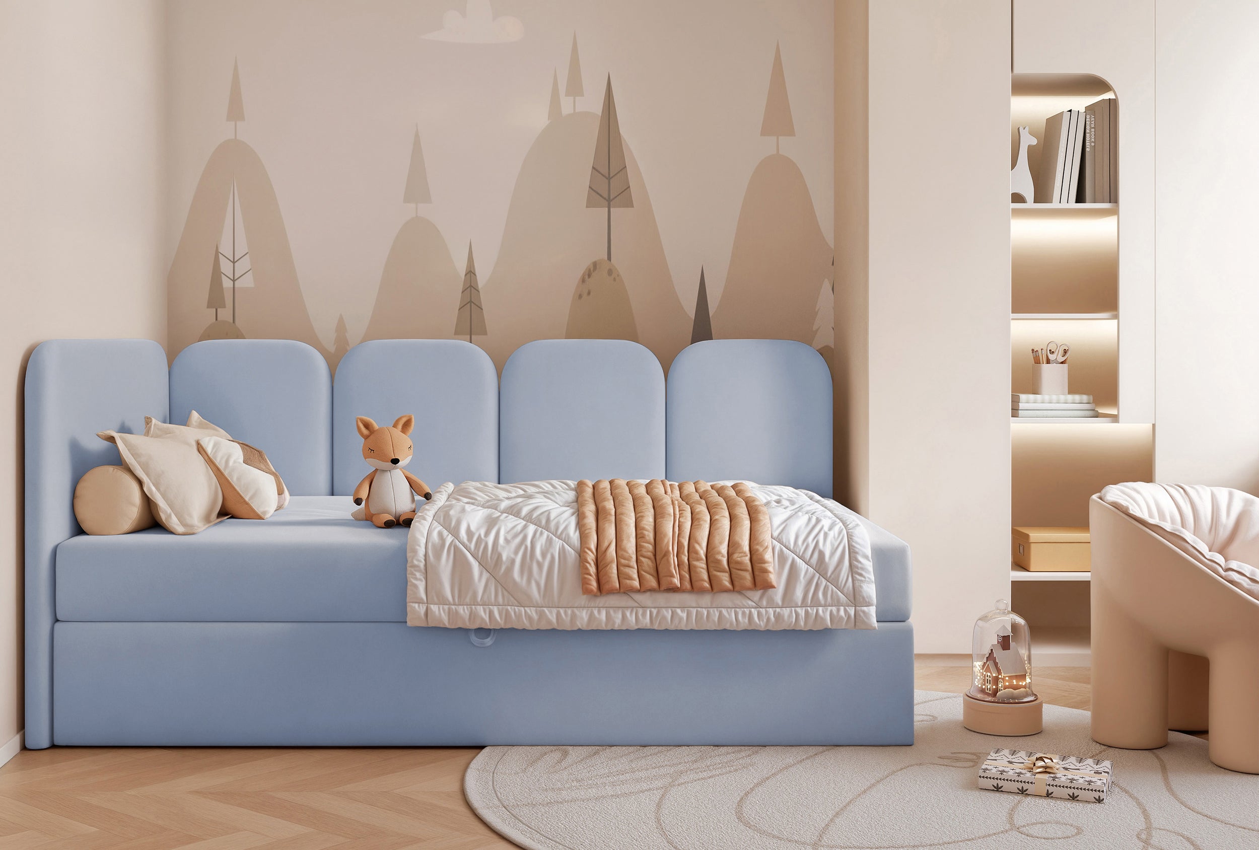 Jugendbett 90x200 cm Nubini linksseitig mit Stauraum, hellblauer wasserabweisender Samt