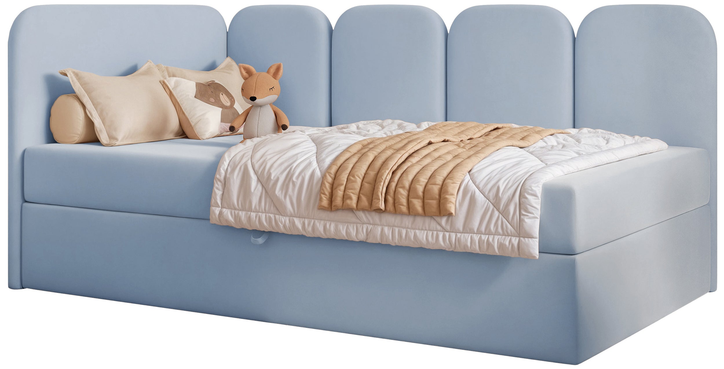 Jugendbett 90x200 cm Nubini linksseitig mit Stauraum, hellblauer wasserabweisender Samt