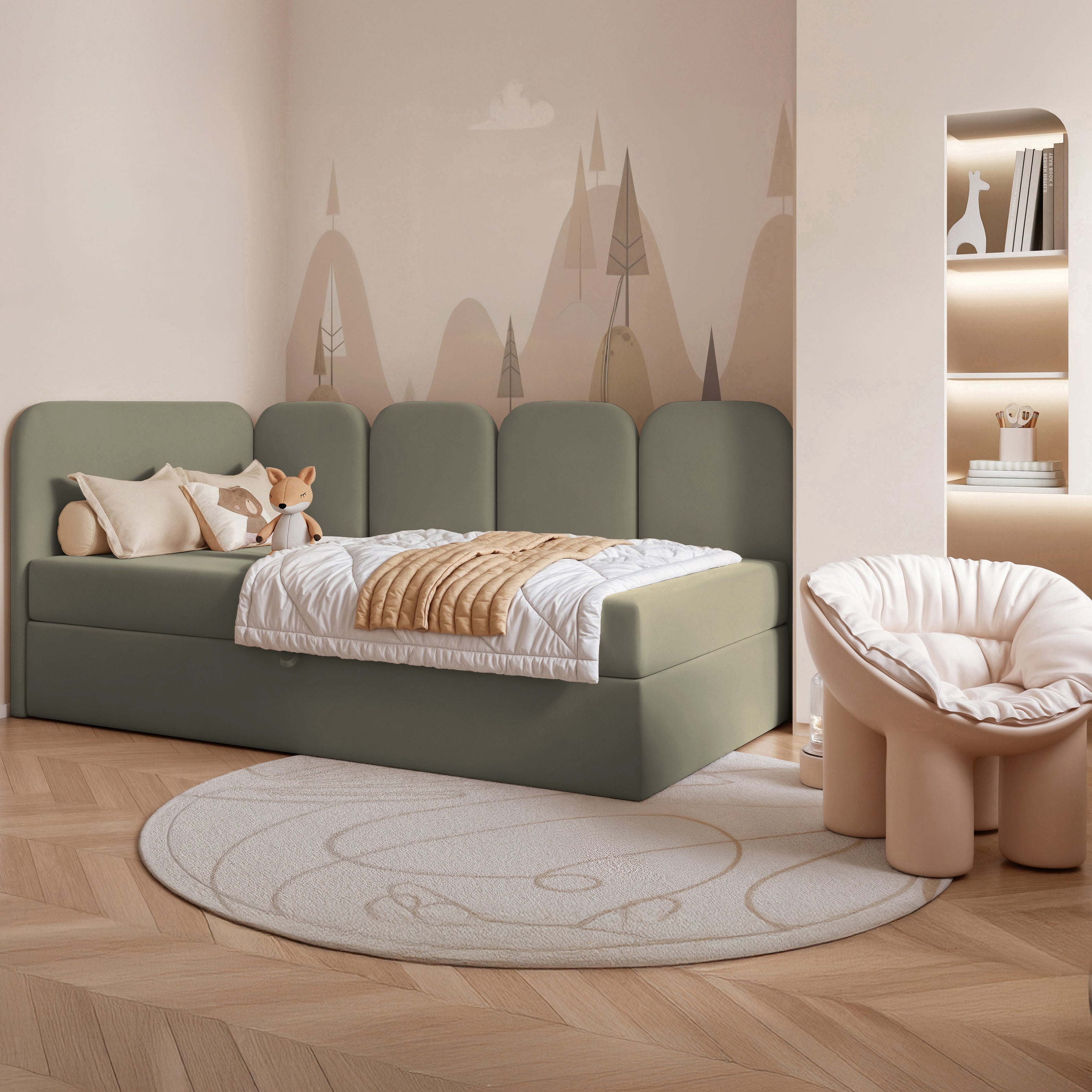 Jugendbett 90x200 cm Nubini linksseitig mit Stauraum, salbeigrüner Velours, wasserabweisend