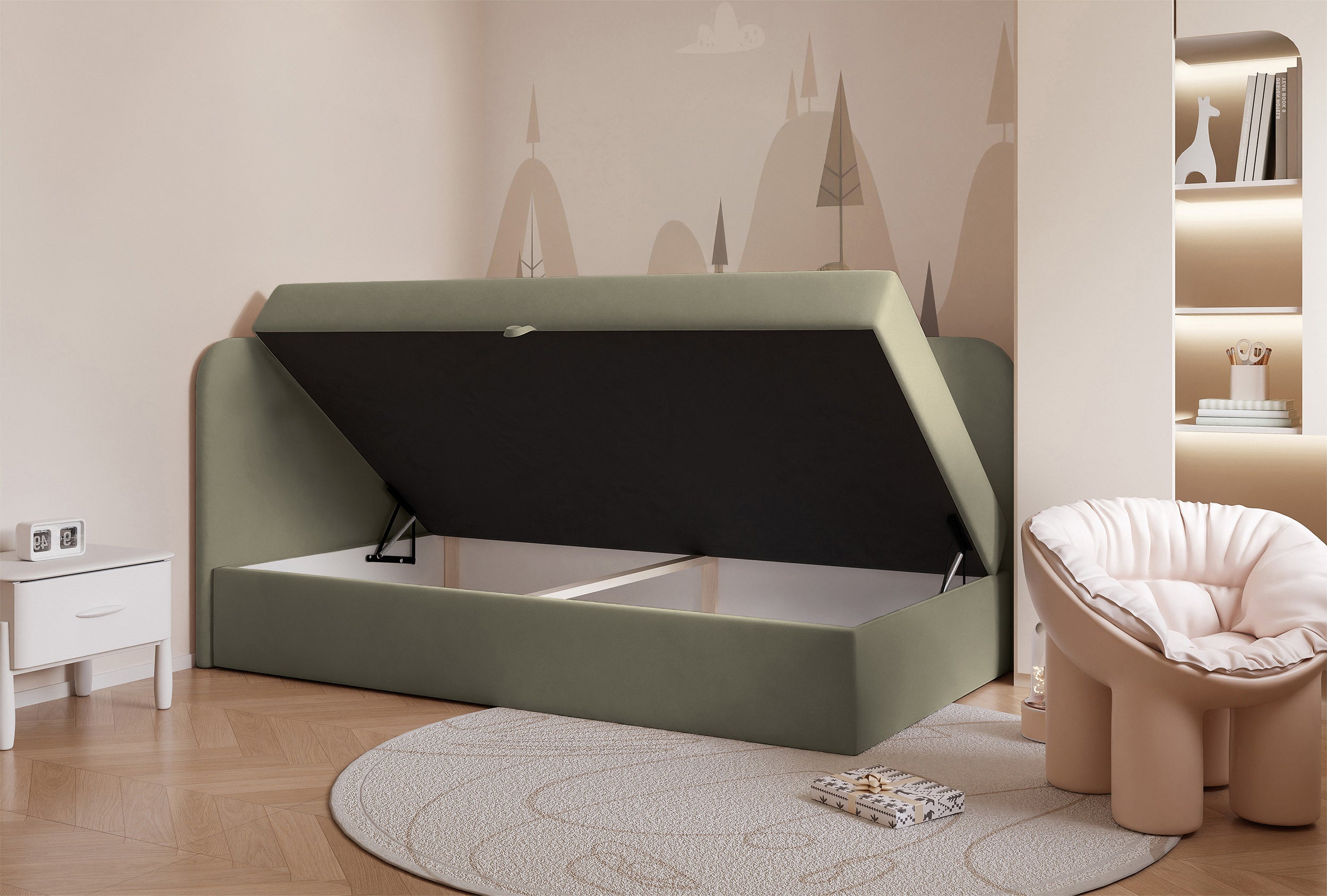 Jugendbett 90x200 cm Nubini linksseitig mit Stauraum, salbeigrüner Velours, wasserabweisend