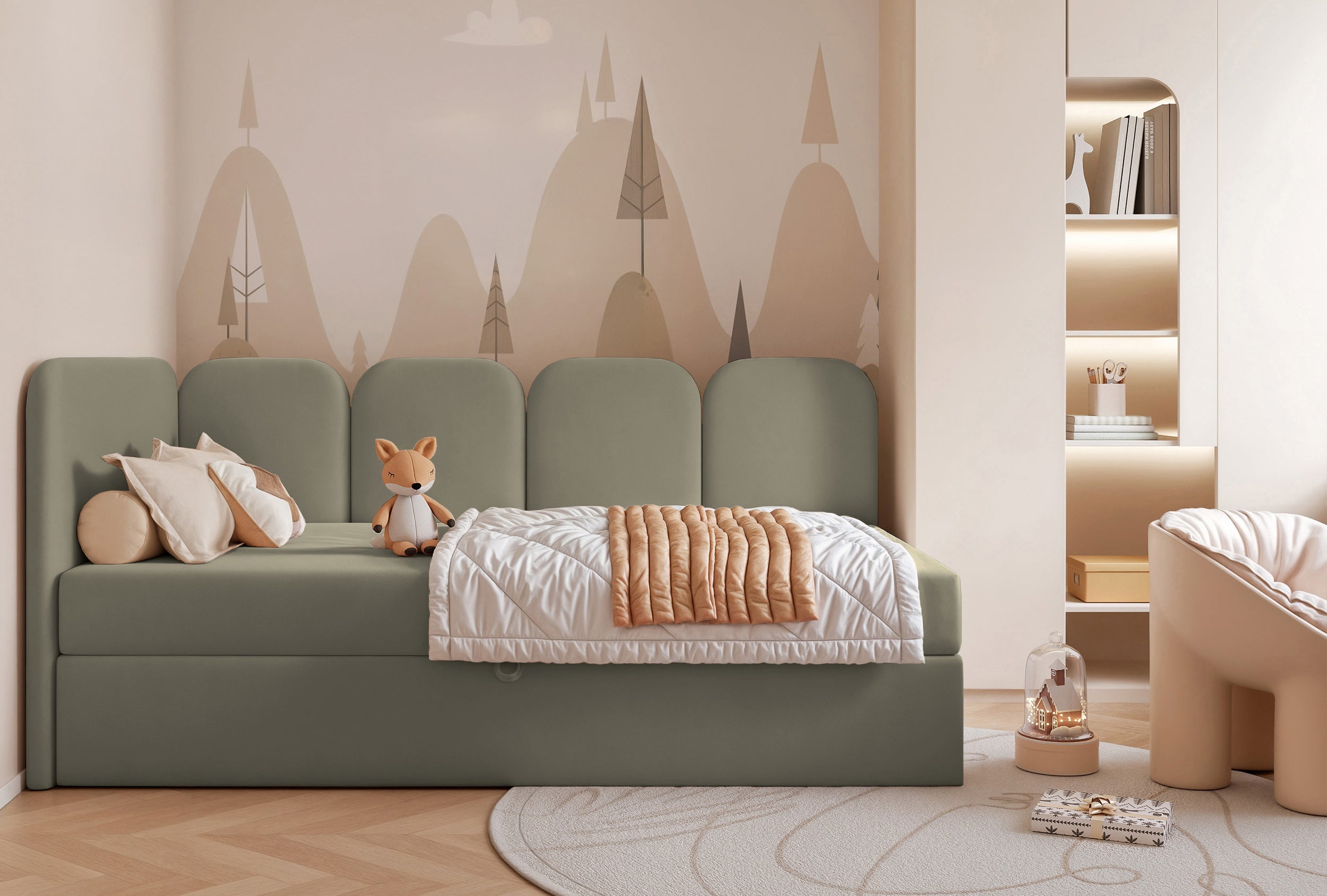 Jugendbett 90x200 cm Nubini linksseitig mit Stauraum, salbeigrüner Velours, wasserabweisend