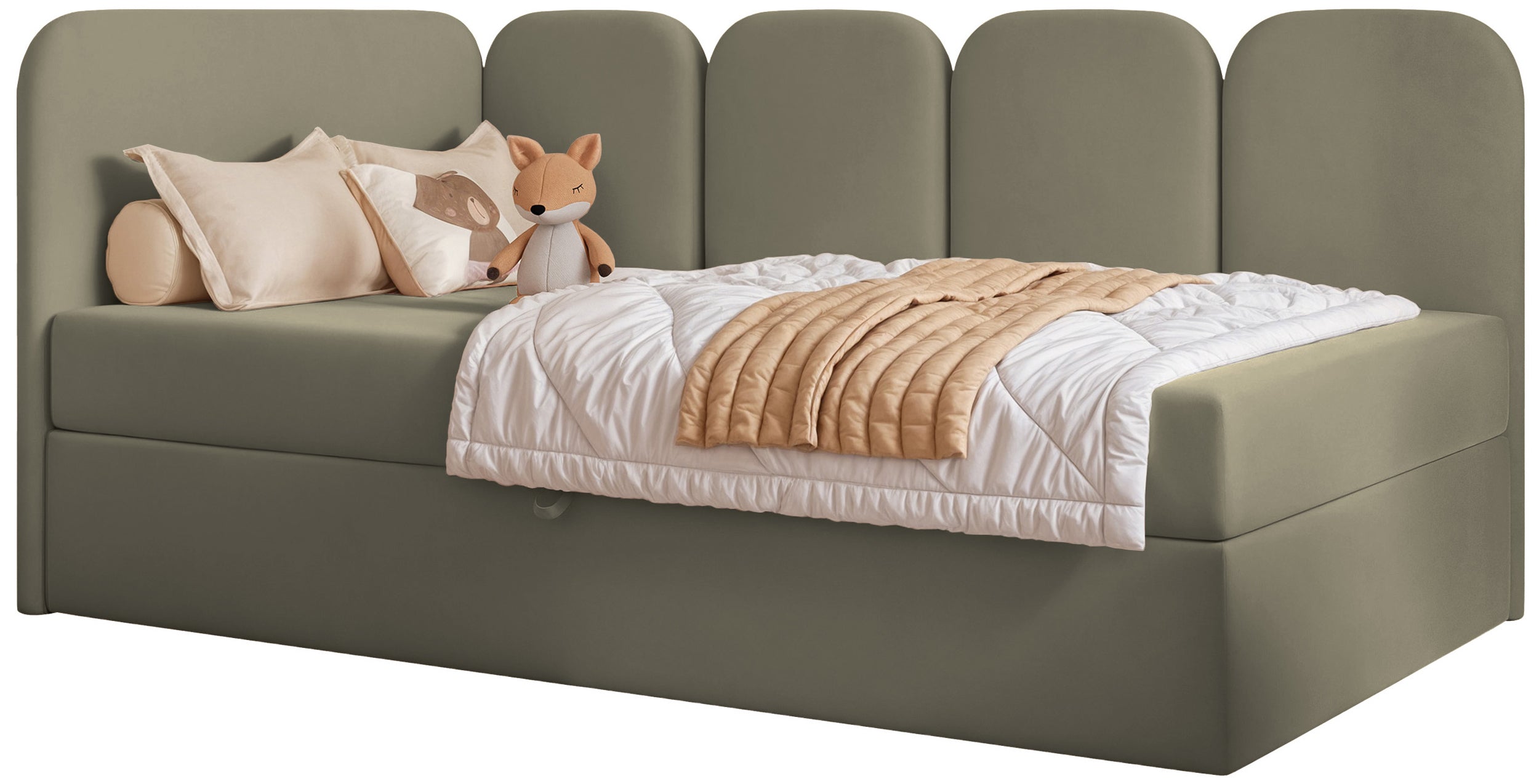 Jugendbett 90x200 cm Nubini linksseitig mit Stauraum, salbeigrüner Velours, wasserabweisend