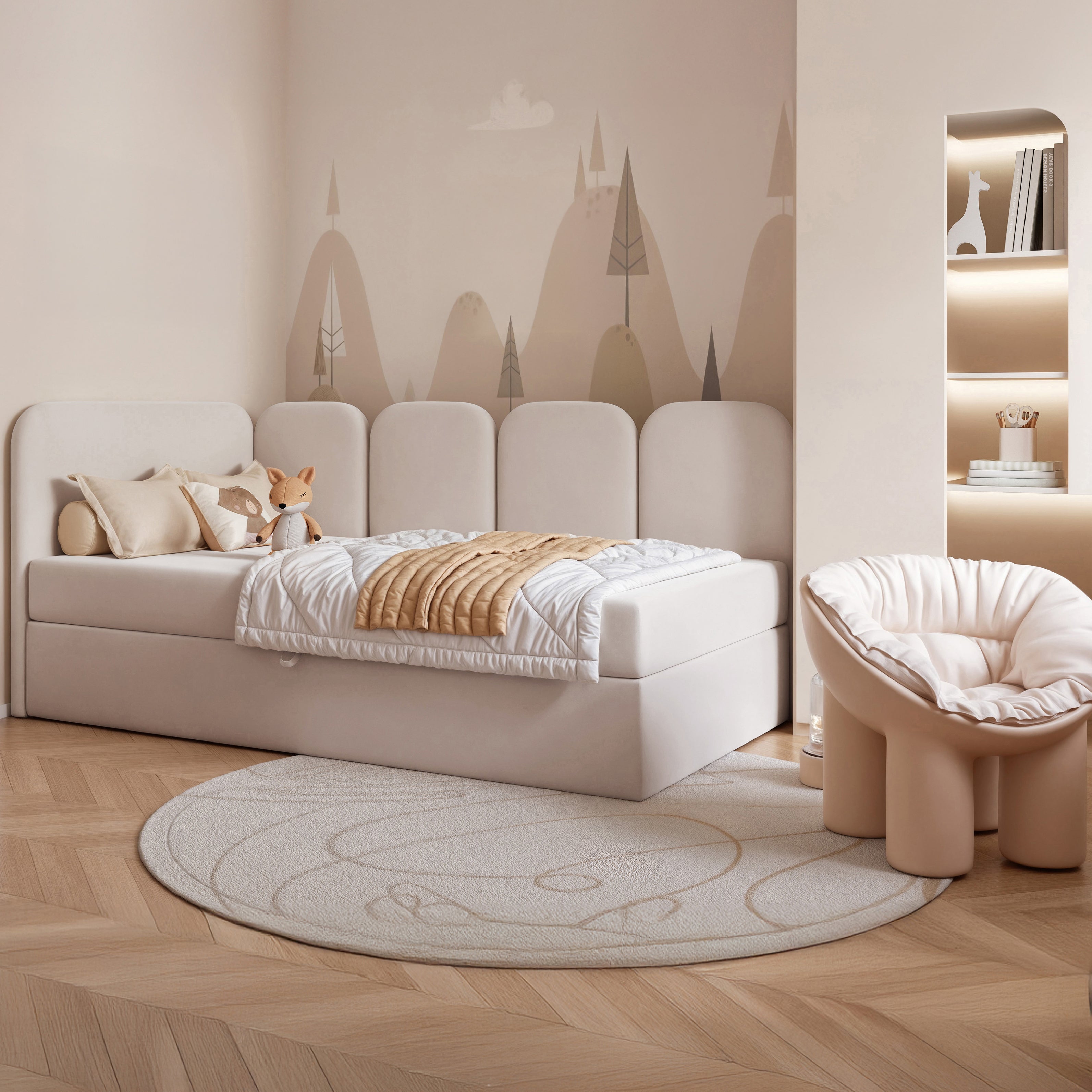Jugendbett 90x200 cm Nubini linksseitig mit Stauraum, hellbeiger wasserabweisender Samt