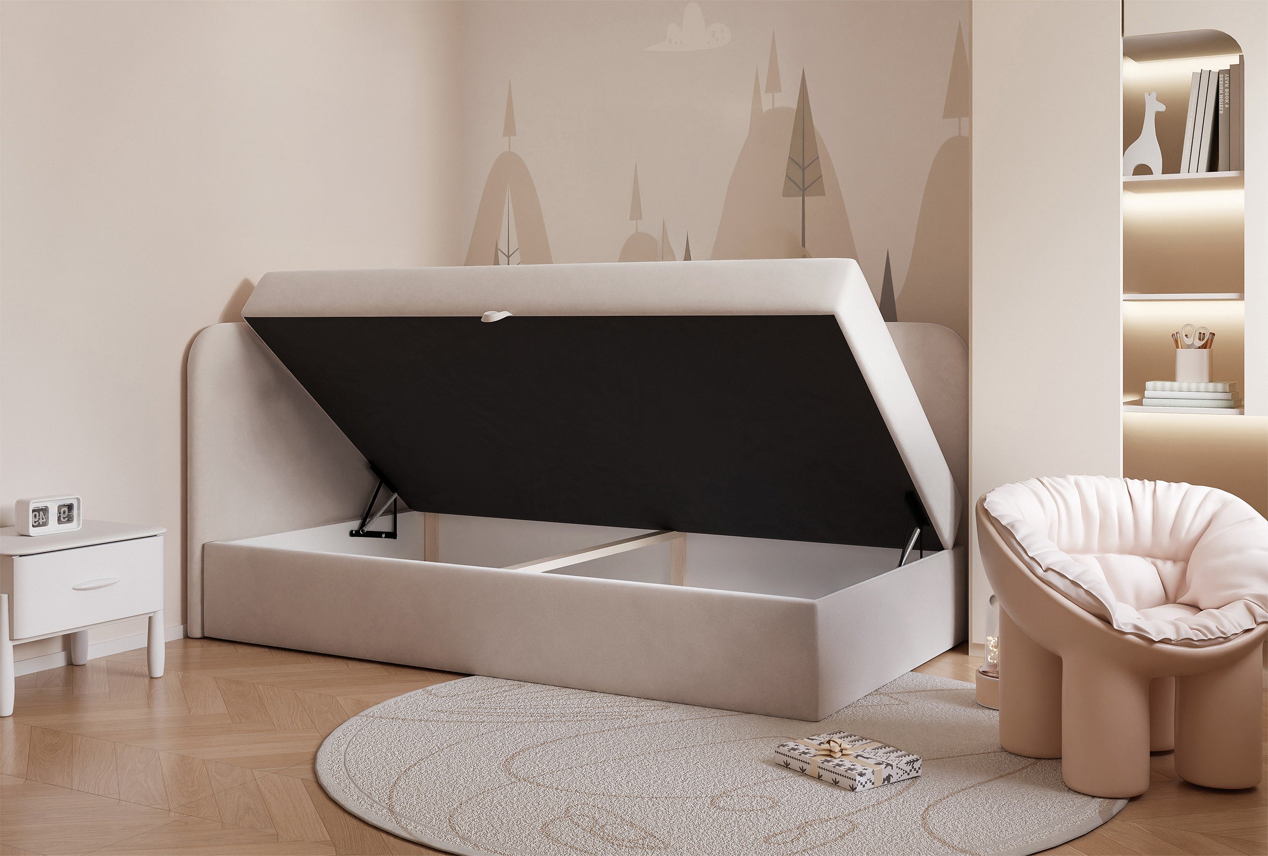 Jugendbett 90x200 cm Nubini linksseitig mit Stauraum, hellbeiger wasserabweisender Samt