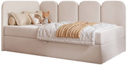Jugendbett 90x200 cm Nubini linksseitig mit Stauraum, hellbeiger wasserabweisender Samt