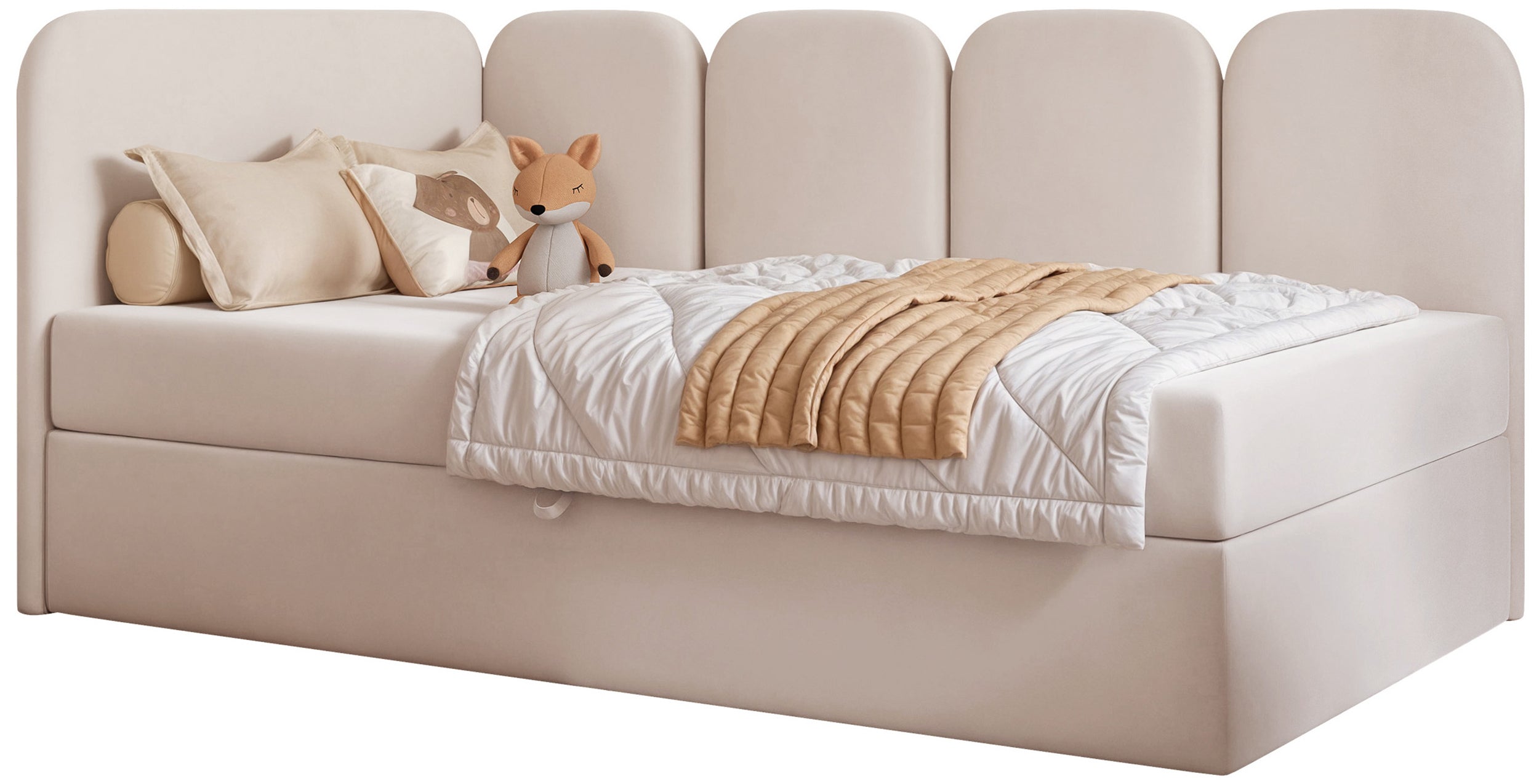 Jugendbett 90x200 cm Nubini linksseitig mit Stauraum, hellbeiger wasserabweisender Samt