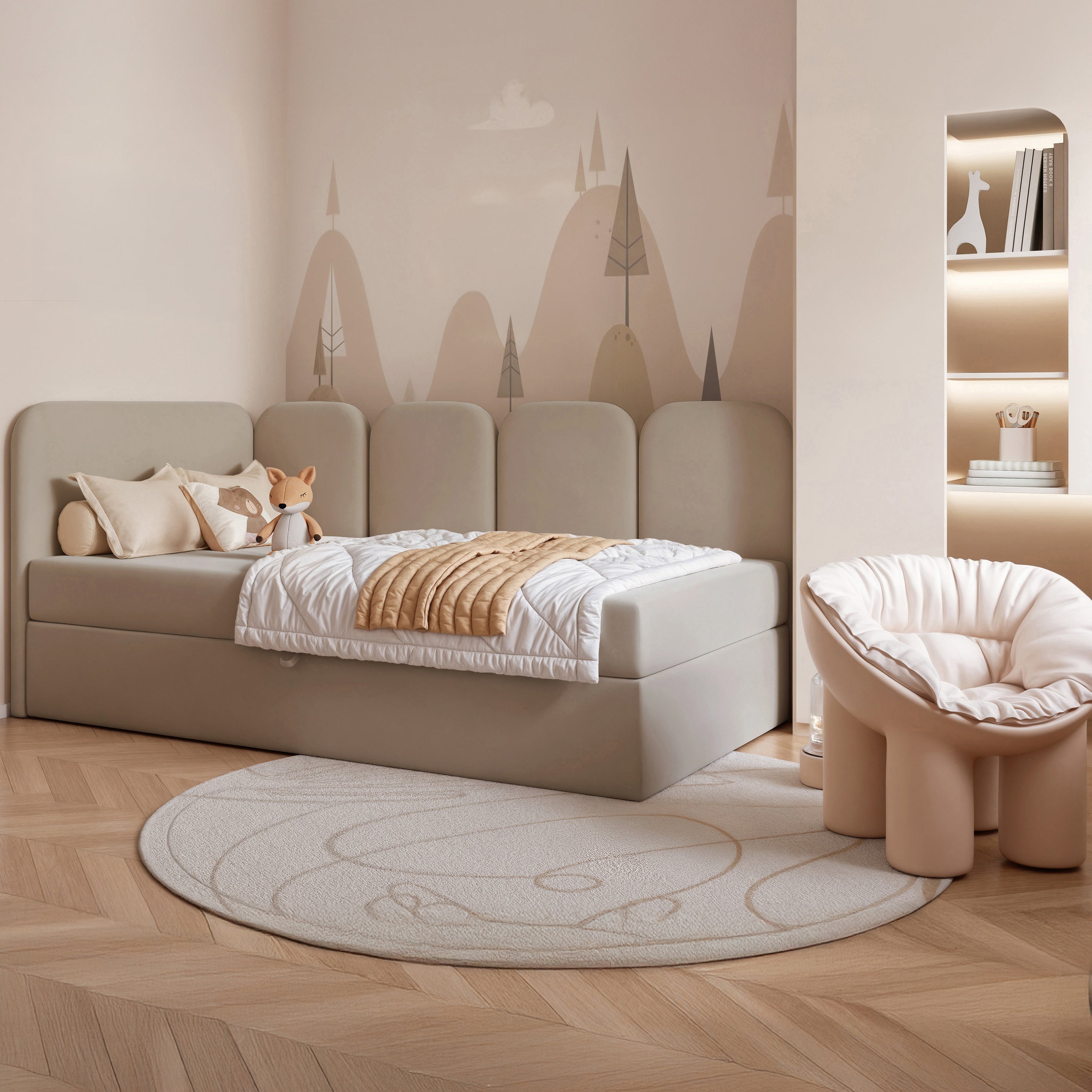 Jugendbett 90x200 cm Nubini linksseitig mit Stauraum, beige, hydrophober Samt