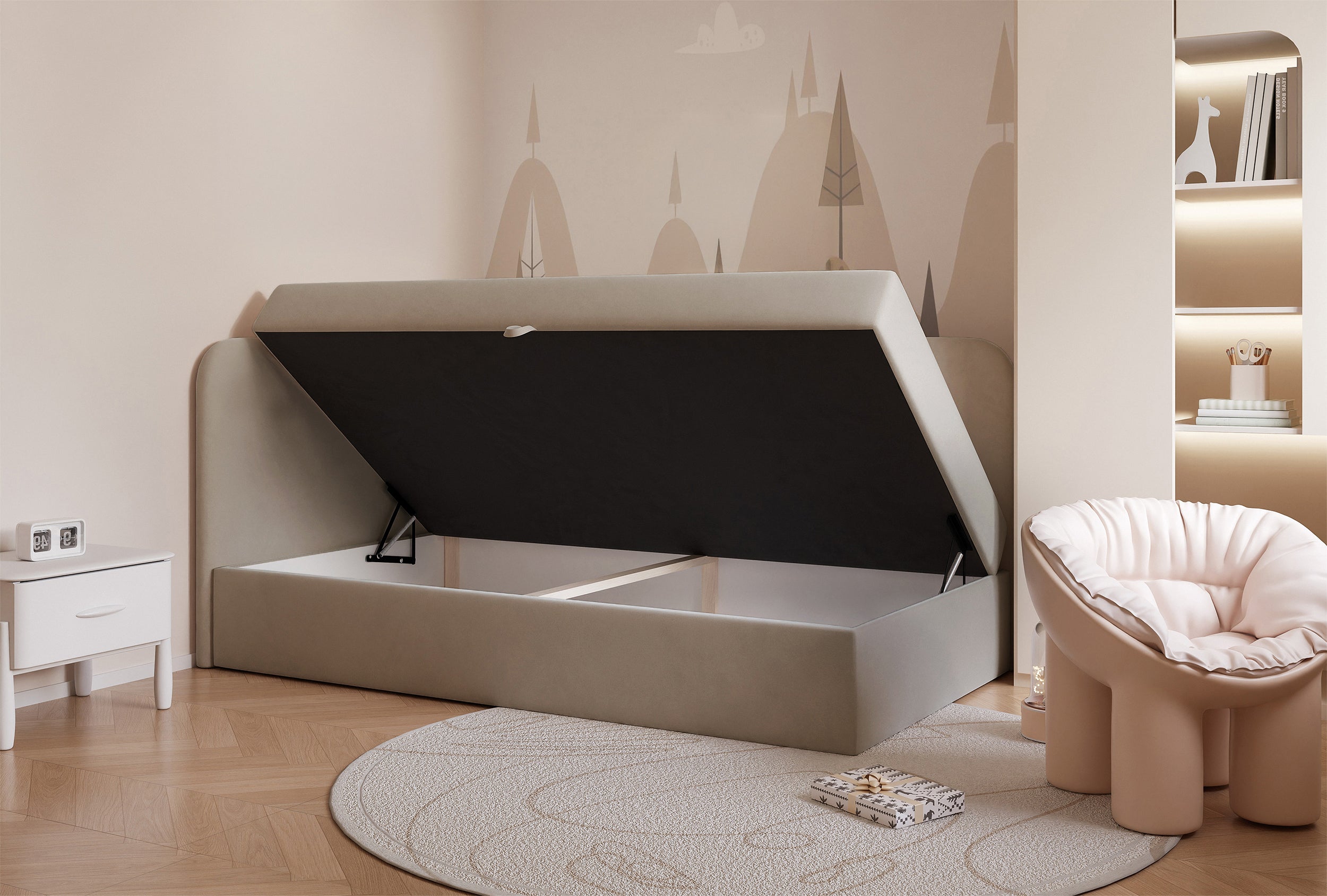 Jugendbett 90x200 cm Nubini linksseitig mit Stauraum, beige, hydrophober Samt