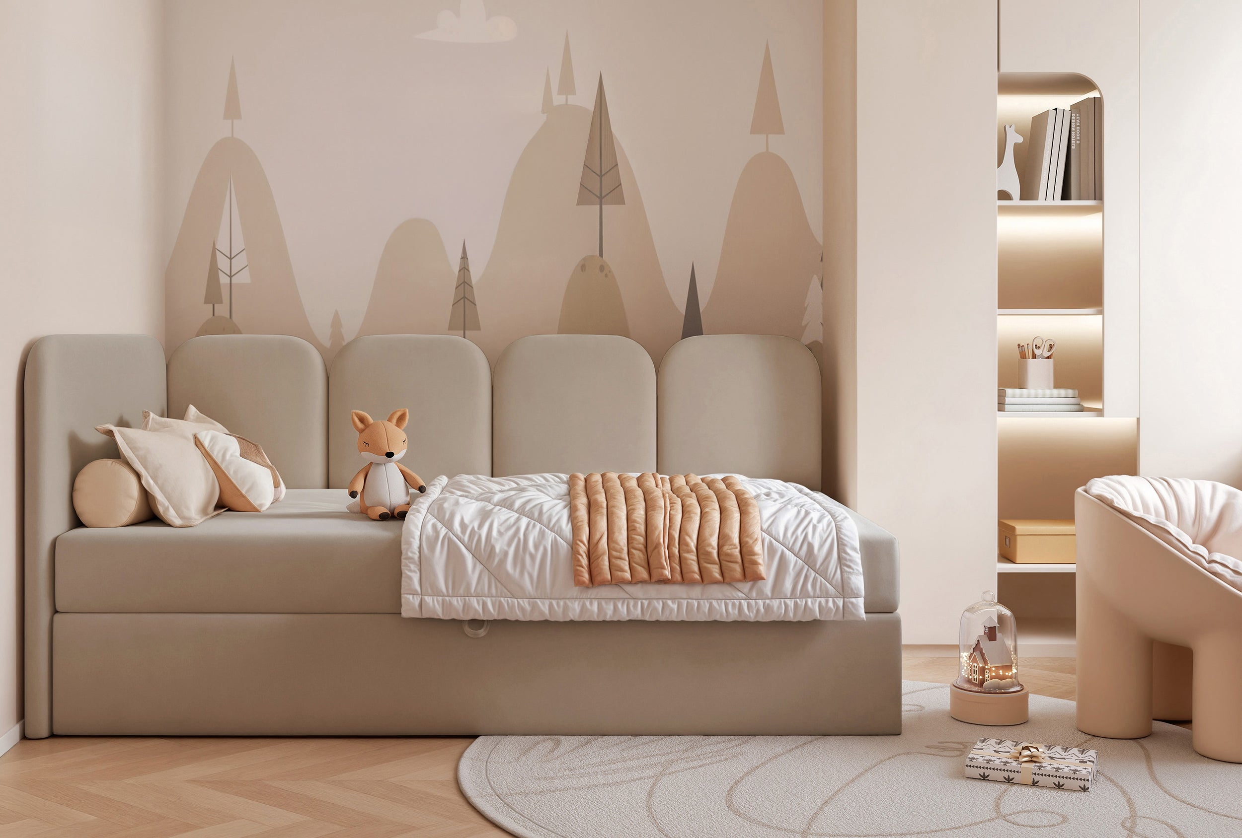 Jugendbett 90x200 cm Nubini linksseitig mit Stauraum, beige, hydrophober Samt