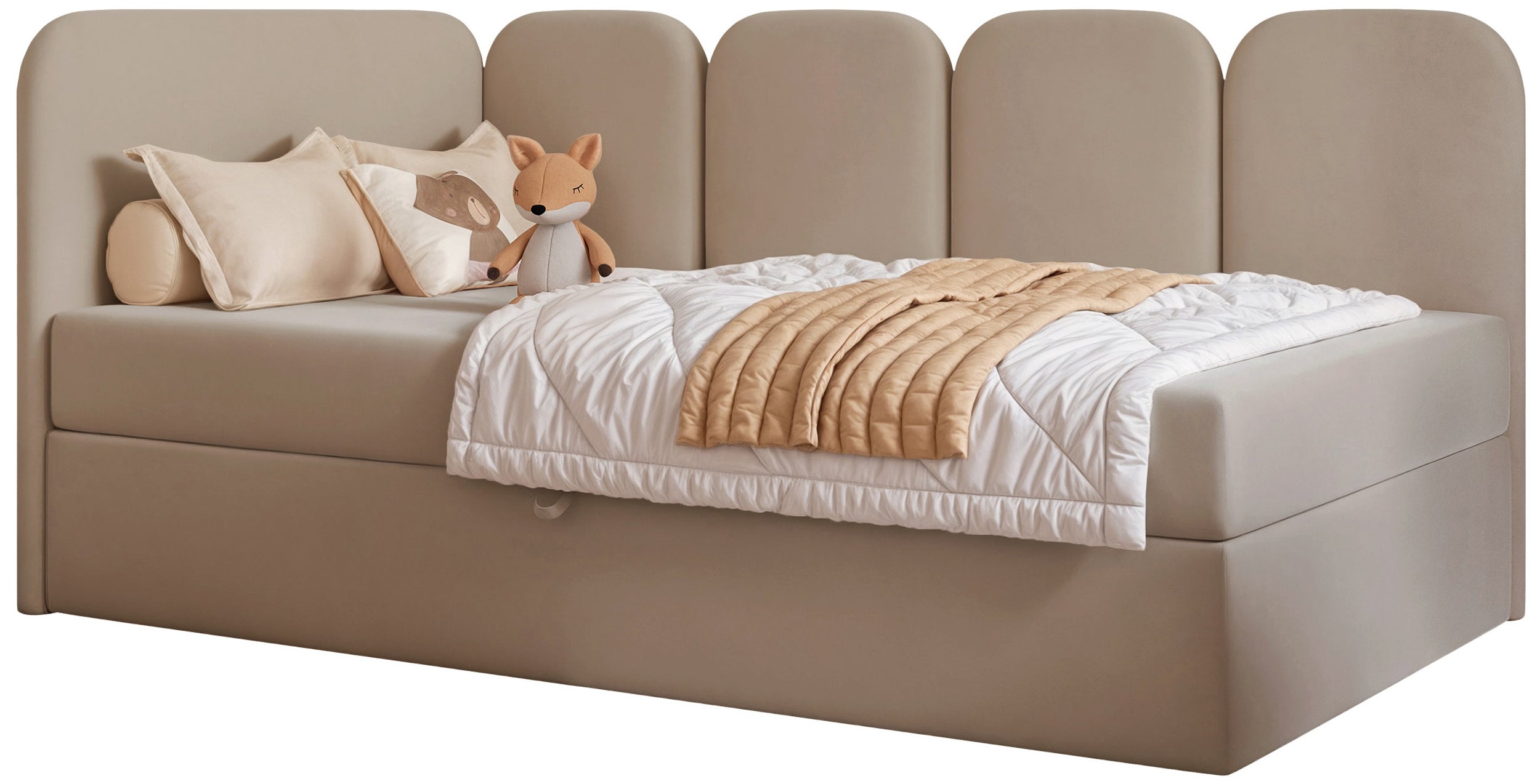 Jugendbett 90x200 cm Nubini linksseitig mit Stauraum, beige, hydrophober Samt
