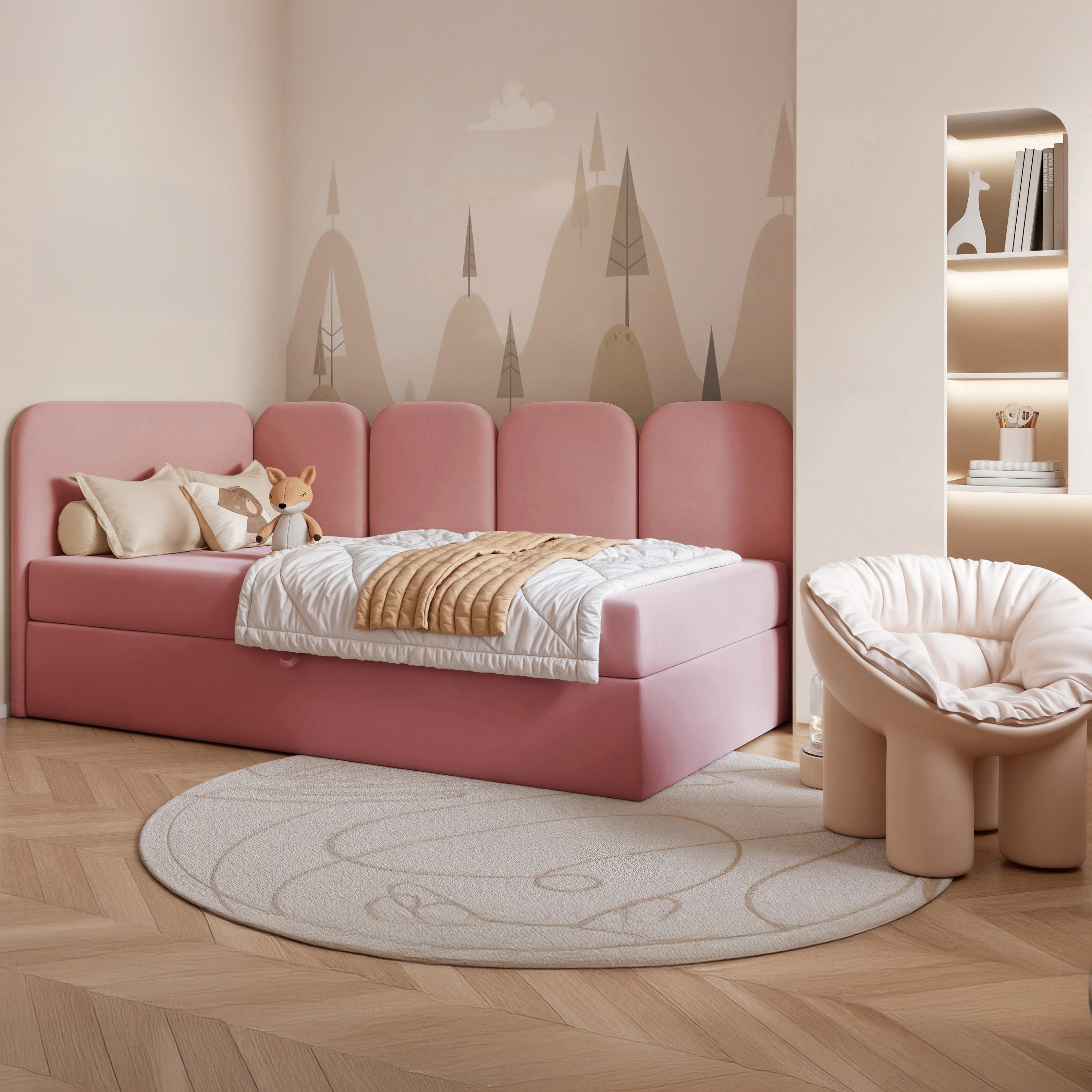 Jugendbett 90x200 cm Nubini, linksseitig mit Stauraum, rosa Velours, wasserabweisend