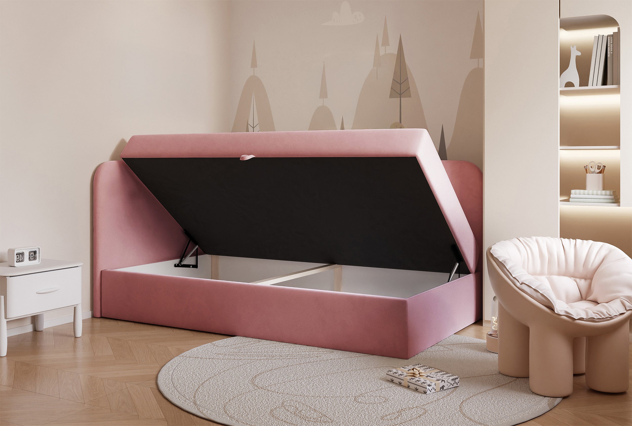 Jugendbett 90x200 cm Nubini, linksseitig mit Stauraum, rosa Velours, wasserabweisend