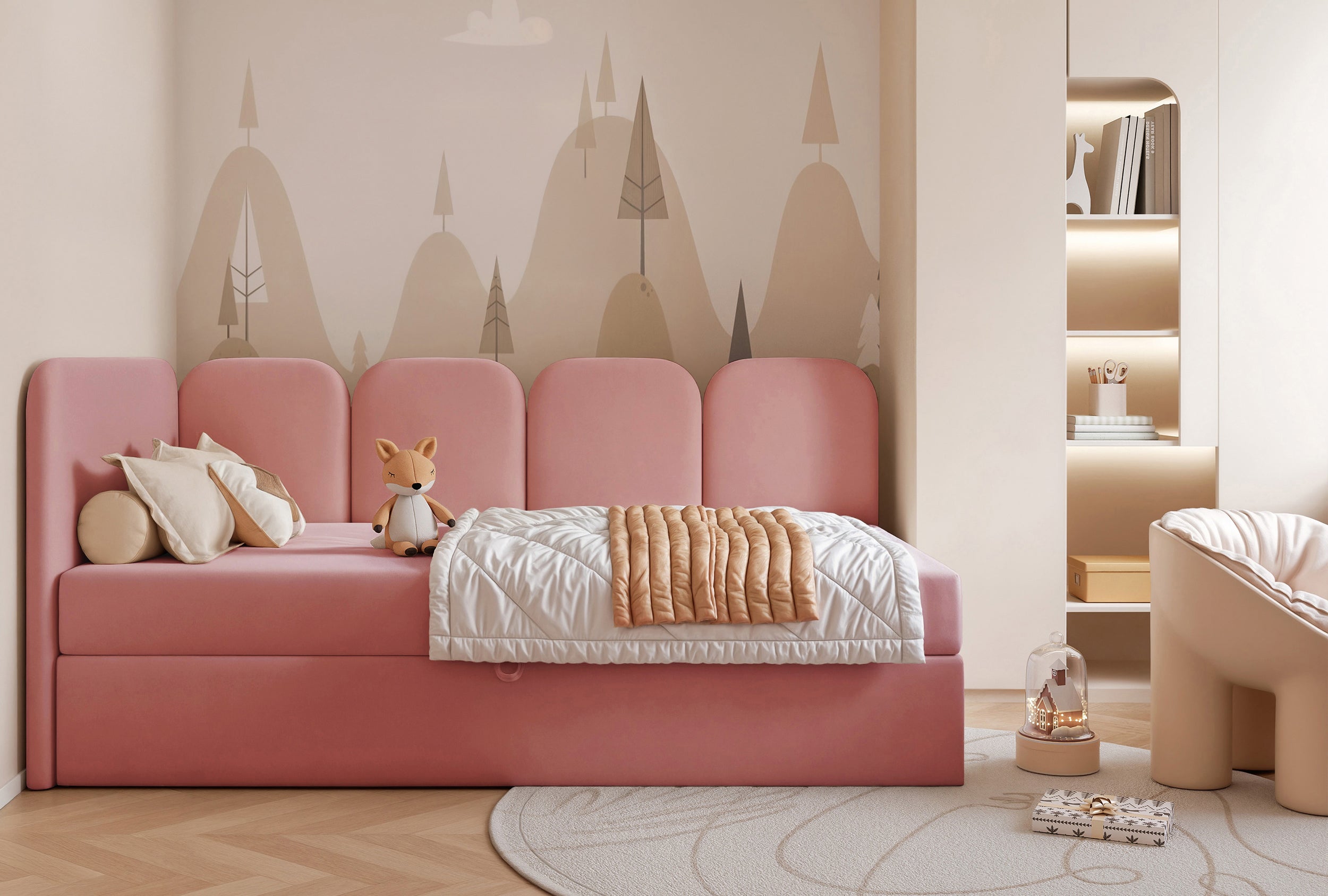 Jugendbett 90x200 cm Nubini, linksseitig mit Stauraum, rosa Velours, wasserabweisend