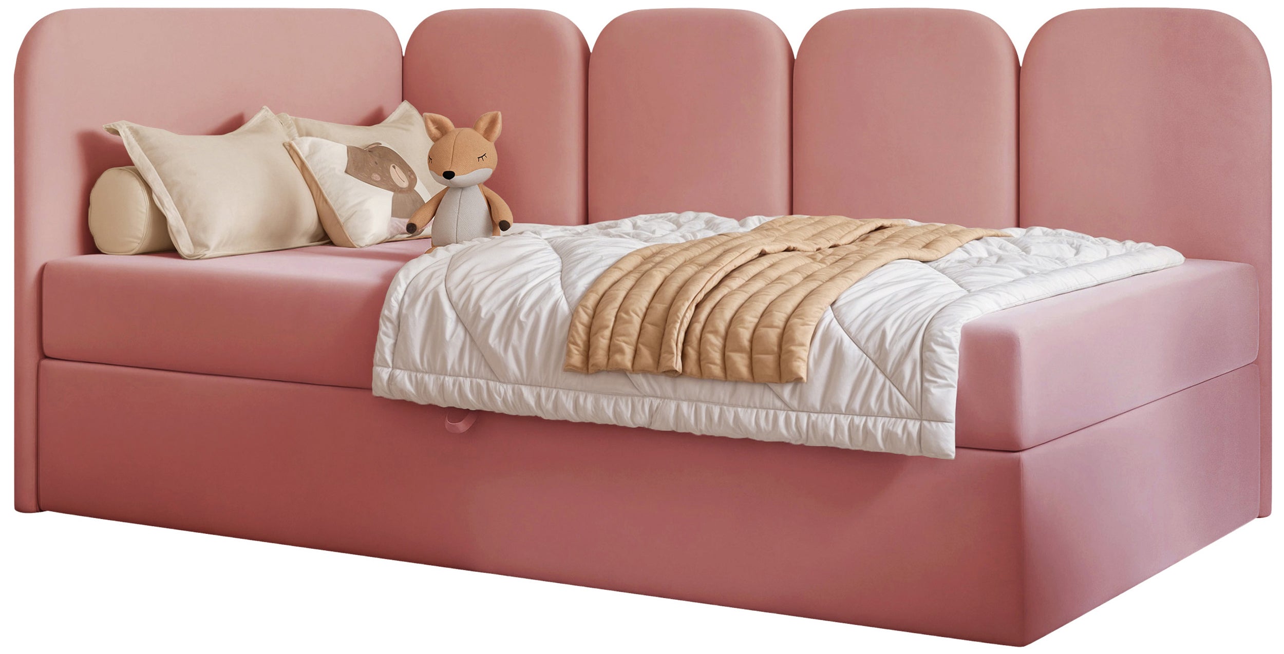 Jugendbett 90x200 cm Nubini, linksseitig mit Stauraum, rosa Velours, wasserabweisend