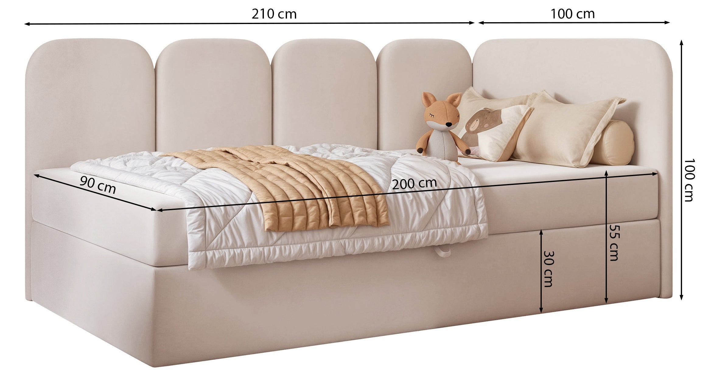 Jugendbett 90x200 cm Nubini linksseitig mit Stauraum, blau, Velours, wasserabweisend