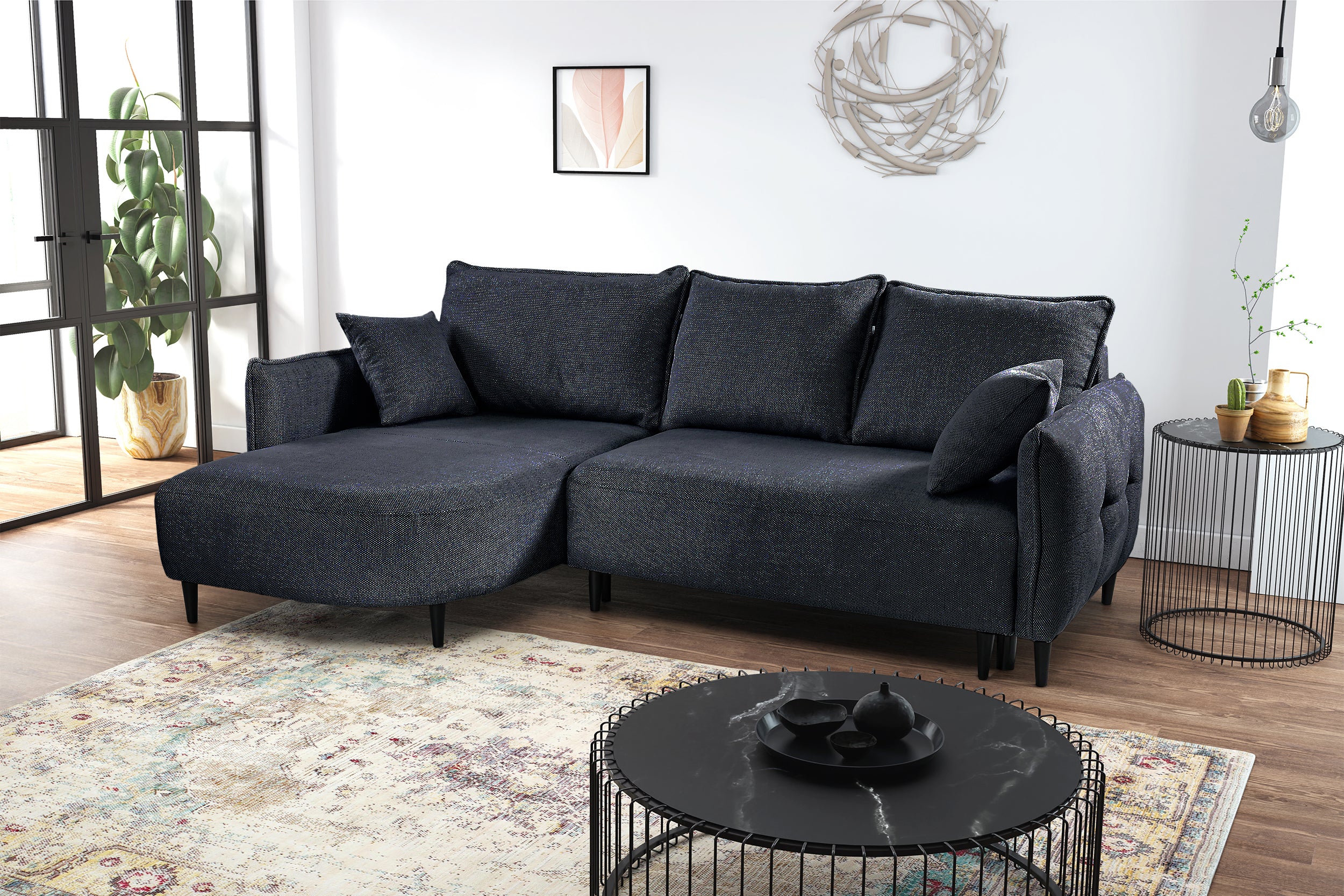 Ecksofa mit Schlaffunktion Oblivio Mini, L-förmig, linksseitig, mit Stauraum, marineblaue Flechtoptik