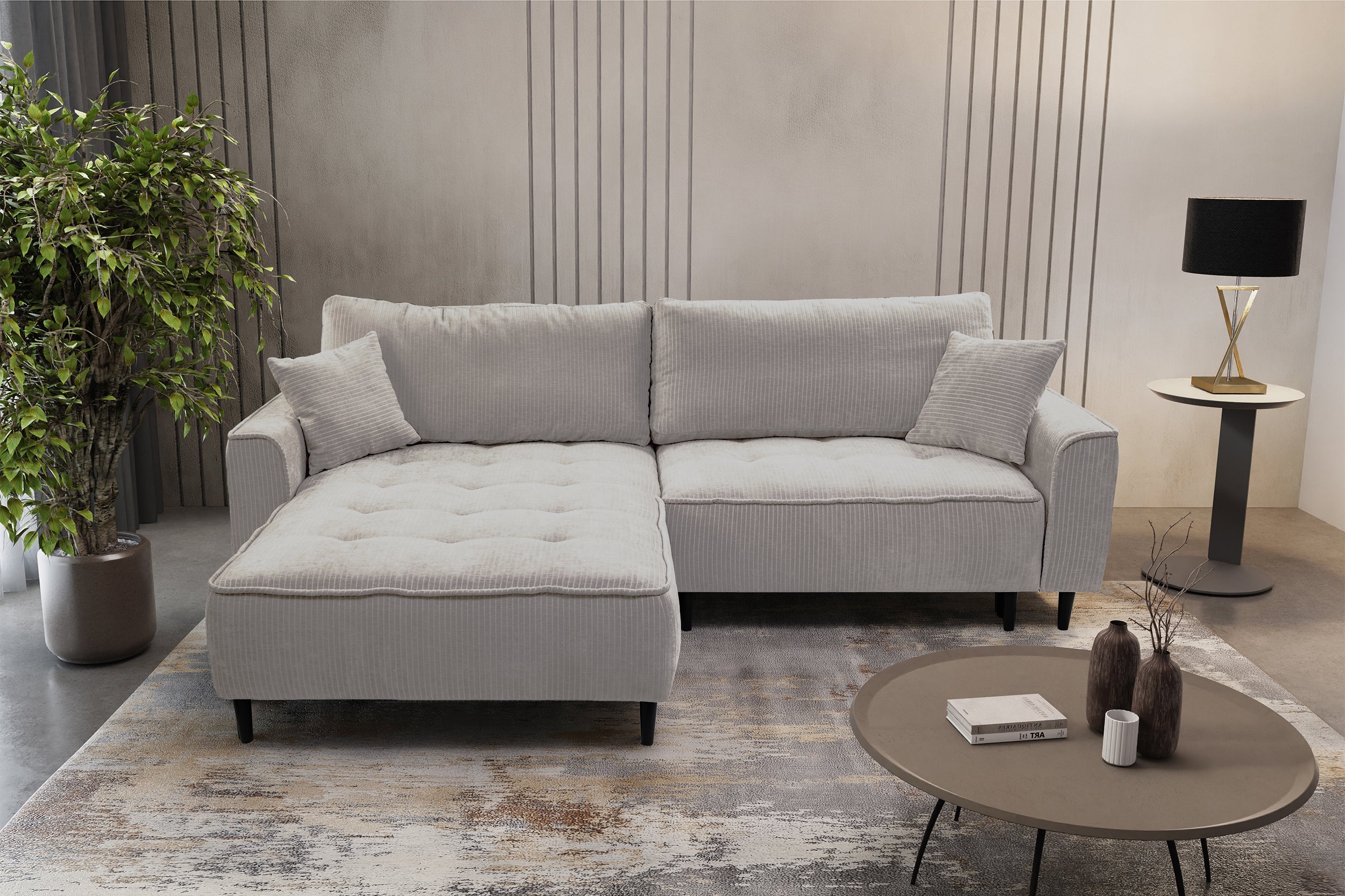 Ecksofa mit Schlafunktion Blues, L-förmig, linksseitig, mit Stauraum, hellbeige Cordstoff