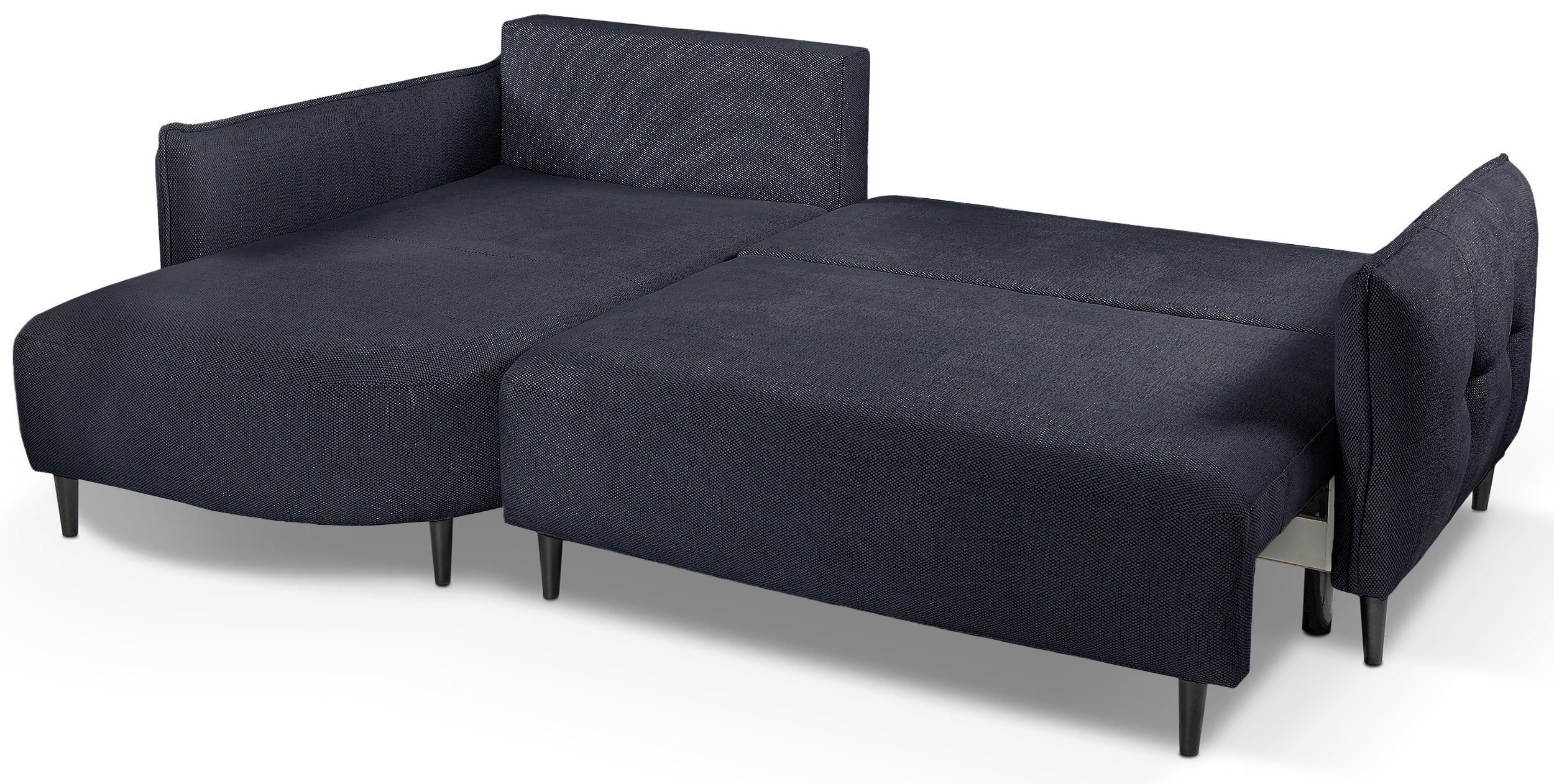 Ecksofa mit Schlaffunktion Oblivio Mini, L-förmig, linksseitig, mit Stauraum, marineblaue Flechtoptik