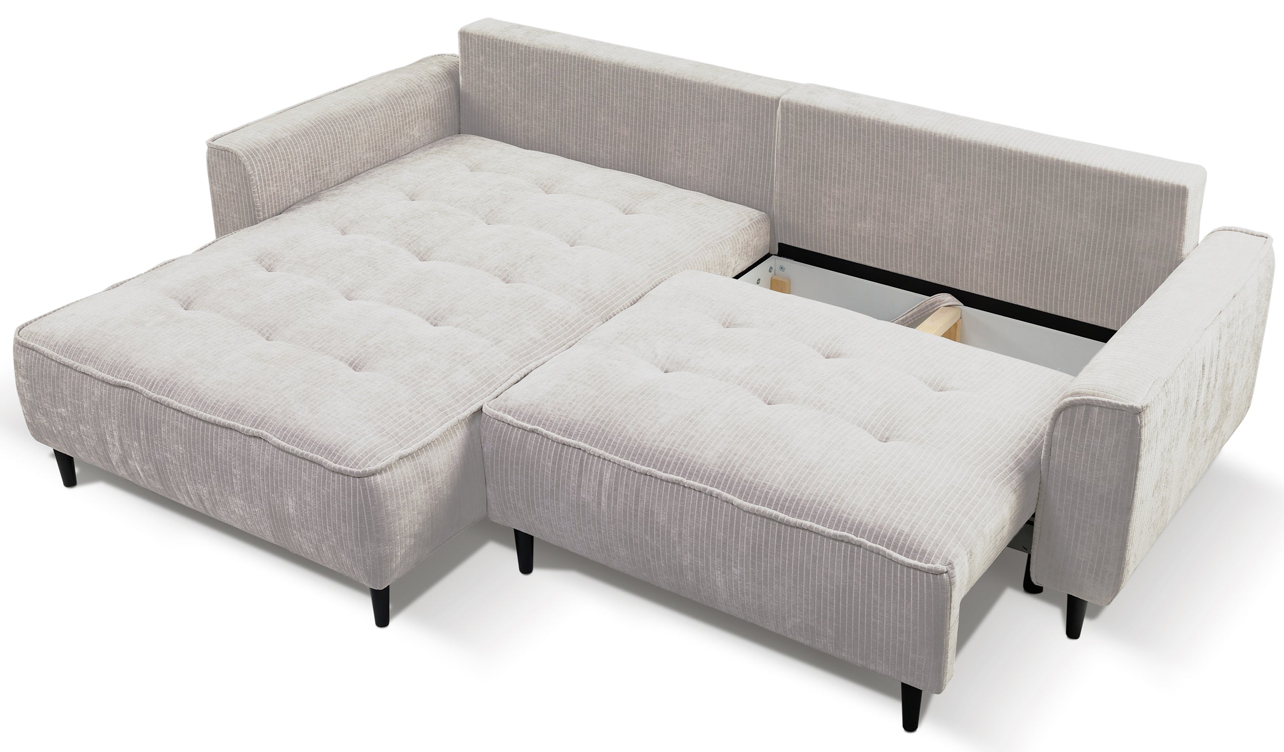 Ecksofa mit Schlafunktion Blues, L-förmig, linksseitig, mit Stauraum, hellbeige Cordstoff