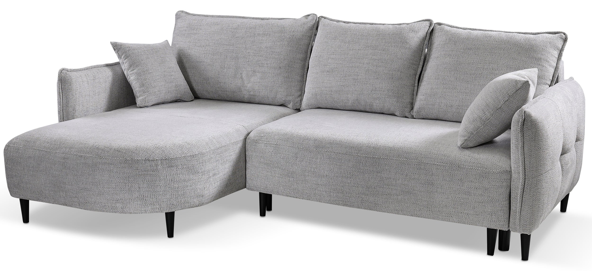 Ecksofa mit Schlaffunktion Oblivio mini, L-förmig, linksseitig, mit Stauraum, hellgraues Geflecht
