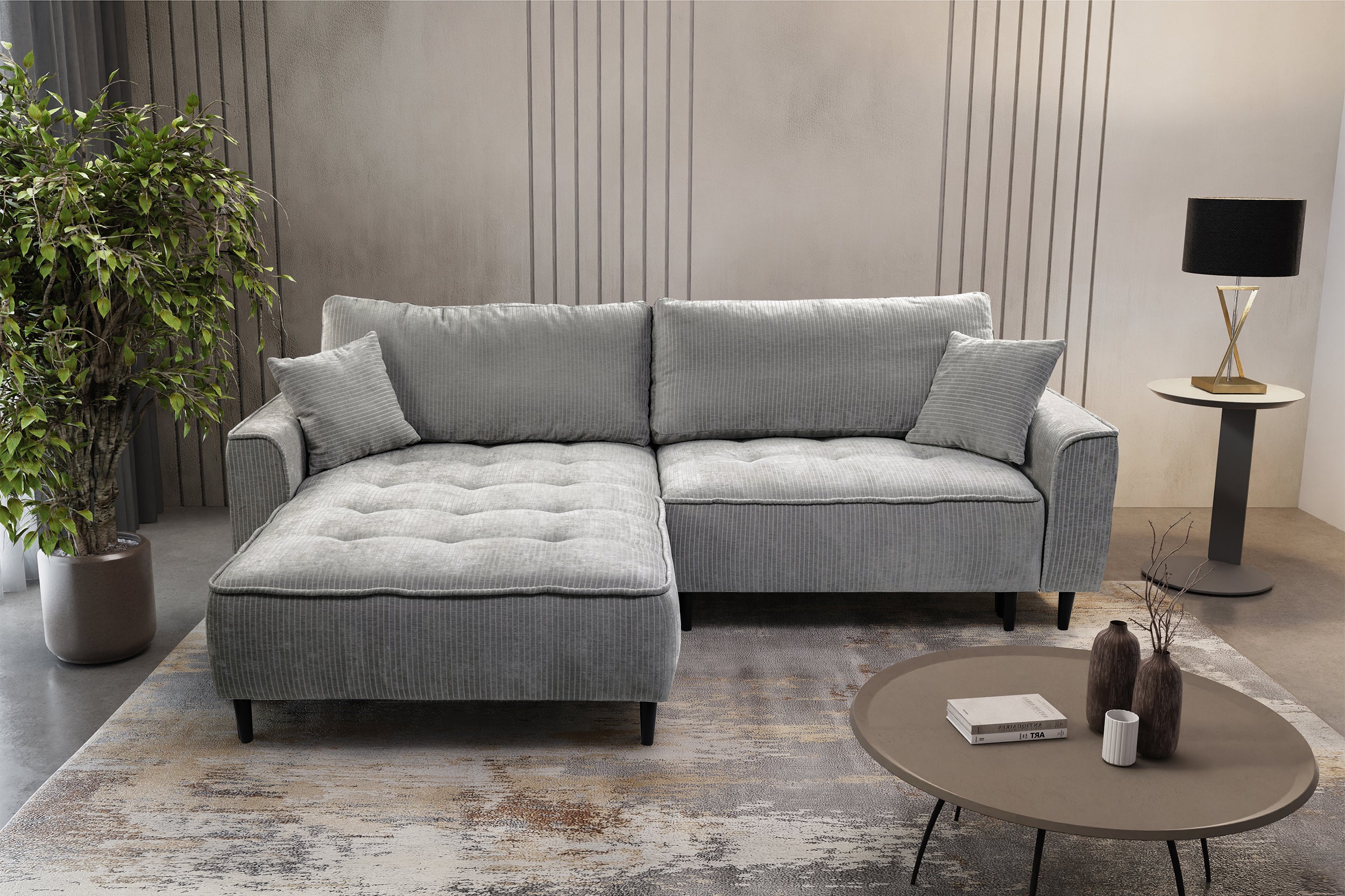 Ecksofa mit Schlaffunktion Blues, L-förmig, linksseitig, mit Stauraum, grauer Cordstoff