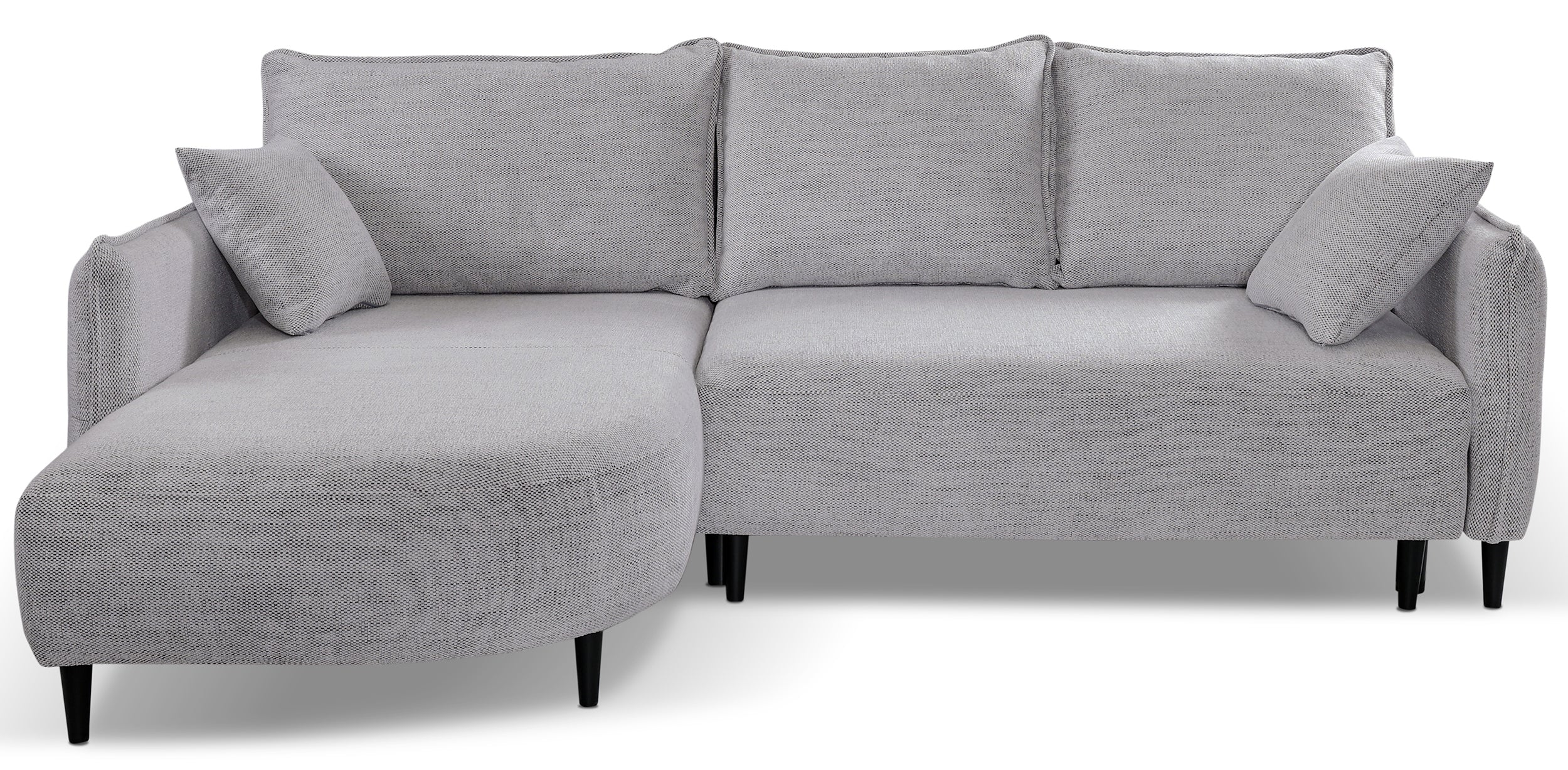 Ecksofa mit Schlaffunktion Oblivio mini, L-förmig, linksseitig, mit Stauraum, hellgraues Geflecht