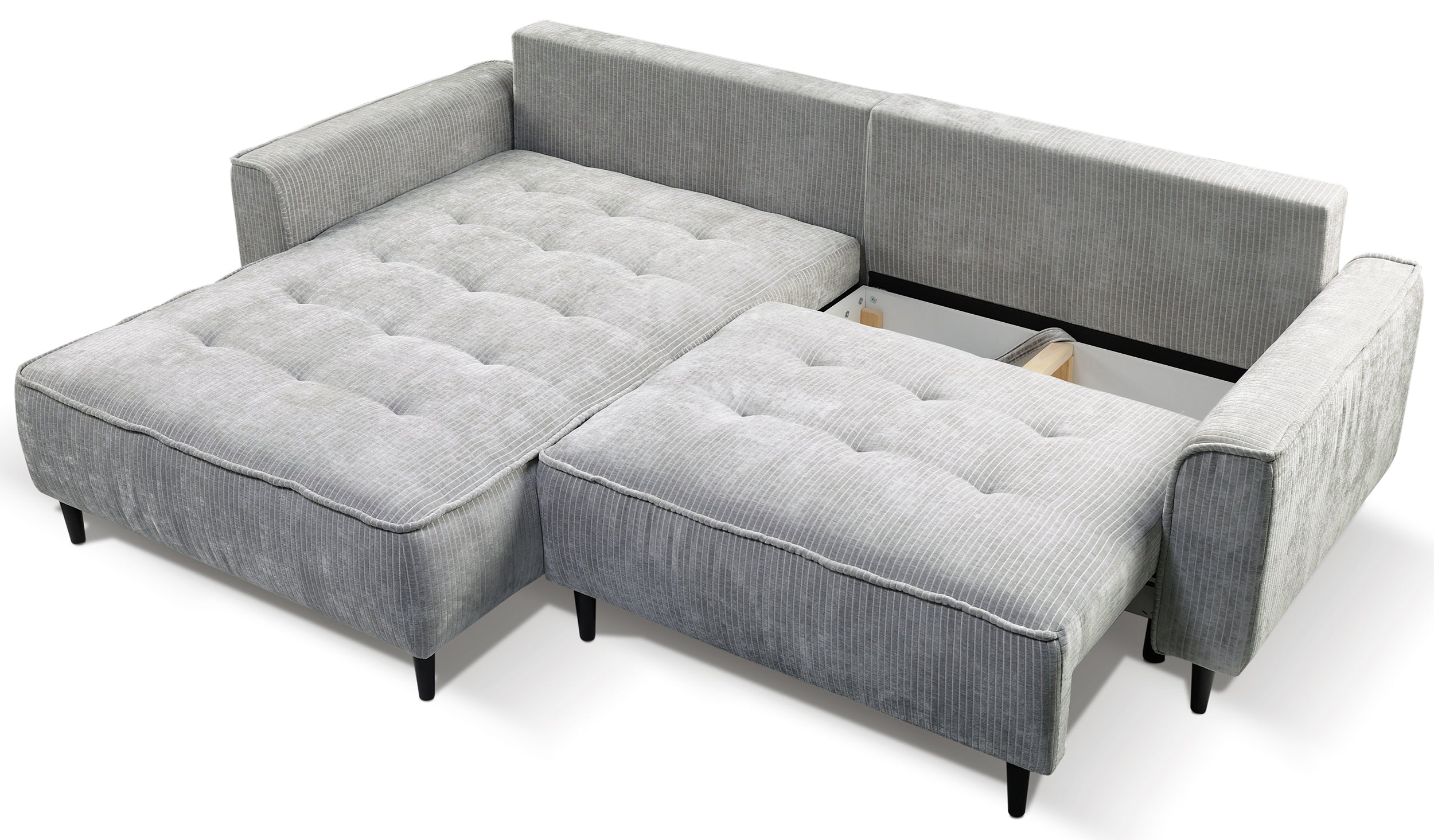 Ecksofa mit Schlaffunktion Blues, L-förmig, linksseitig, mit Stauraum, grauer Cordstoff