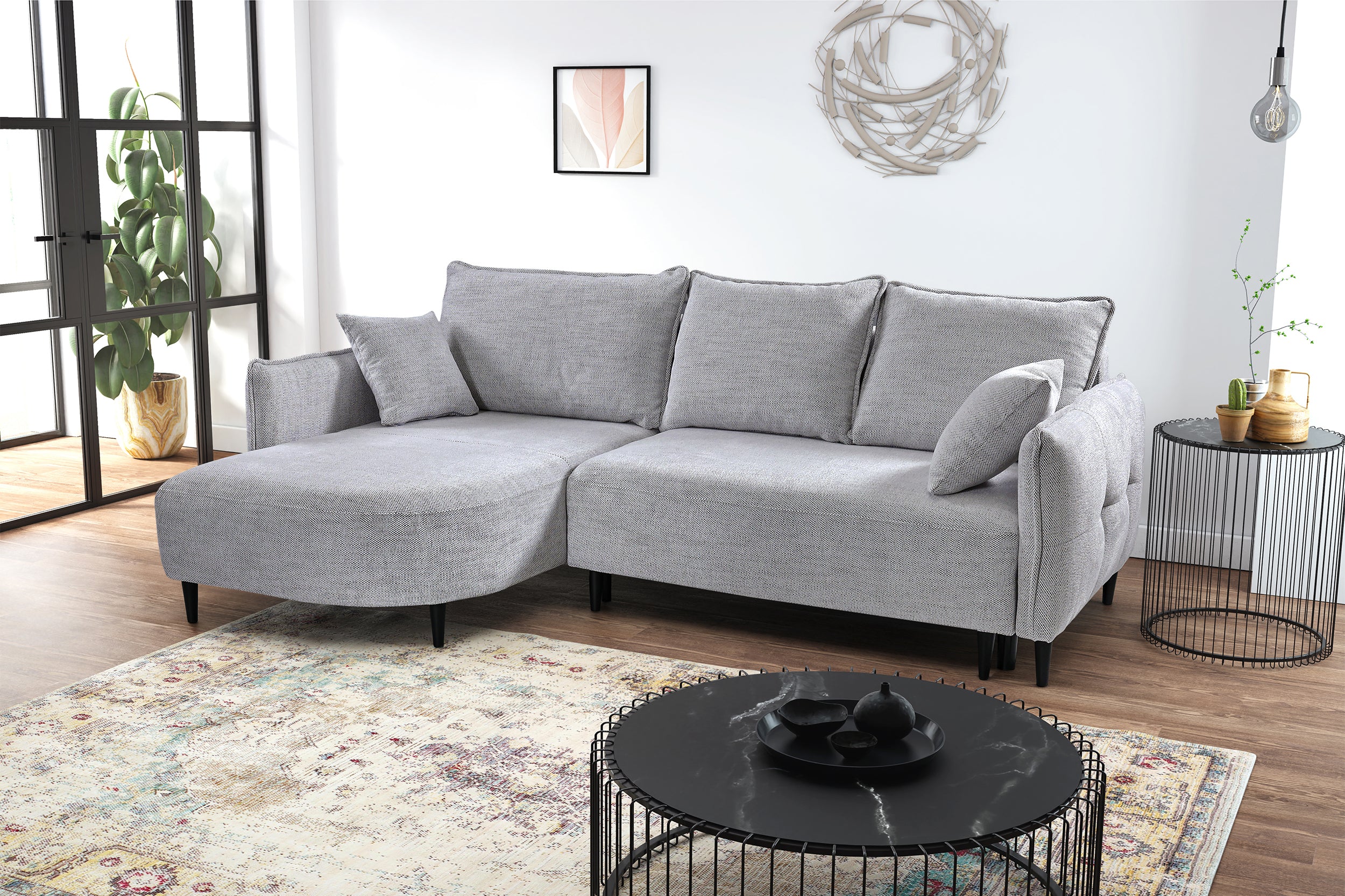 Ecksofa mit Schlaffunktion Oblivio mini, L-förmig, linksseitig, mit Stauraum, hellgraues Geflecht
