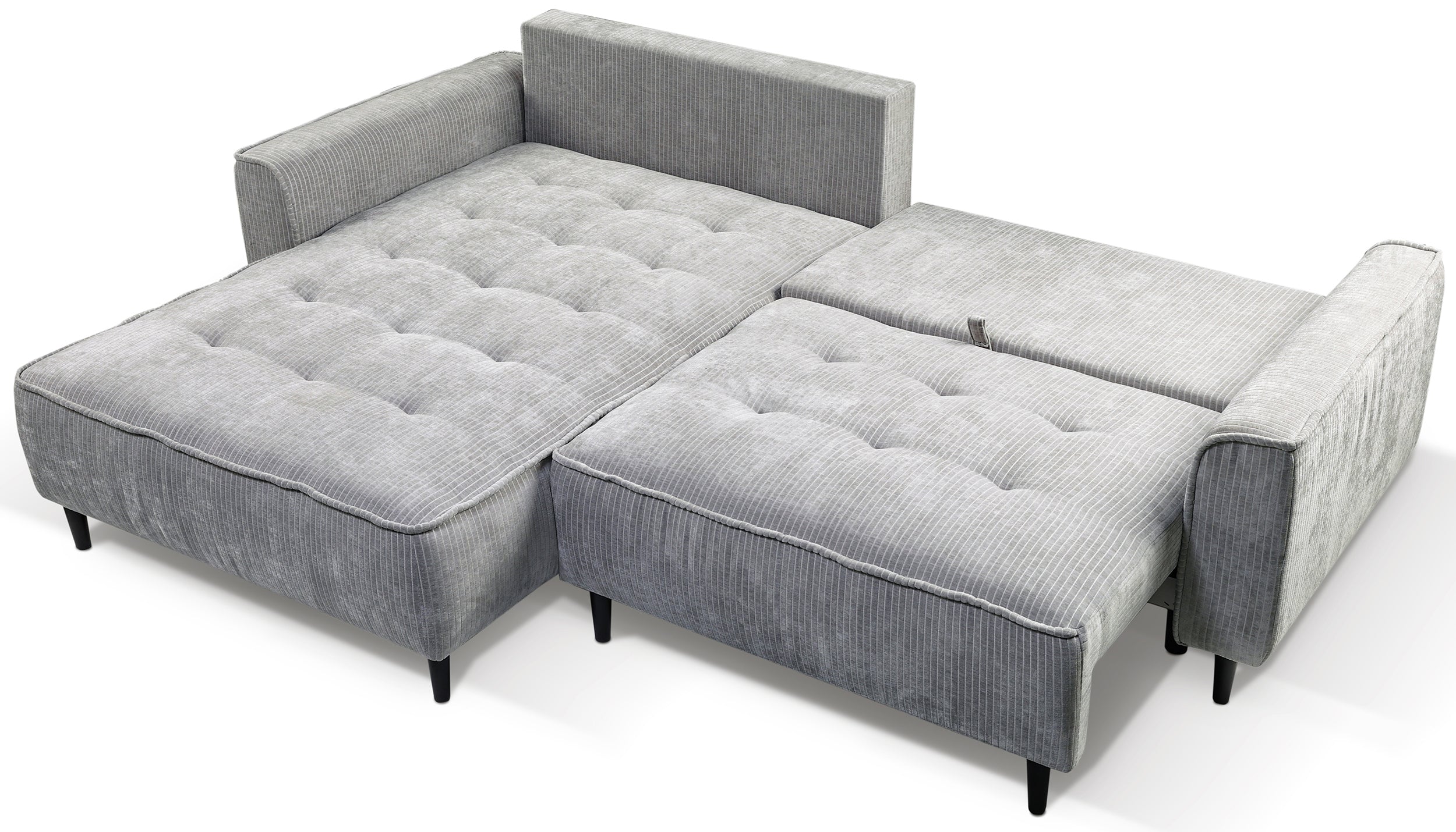 Ecksofa mit Schlaffunktion Blues, L-förmig, linksseitig, mit Stauraum, grauer Cordstoff