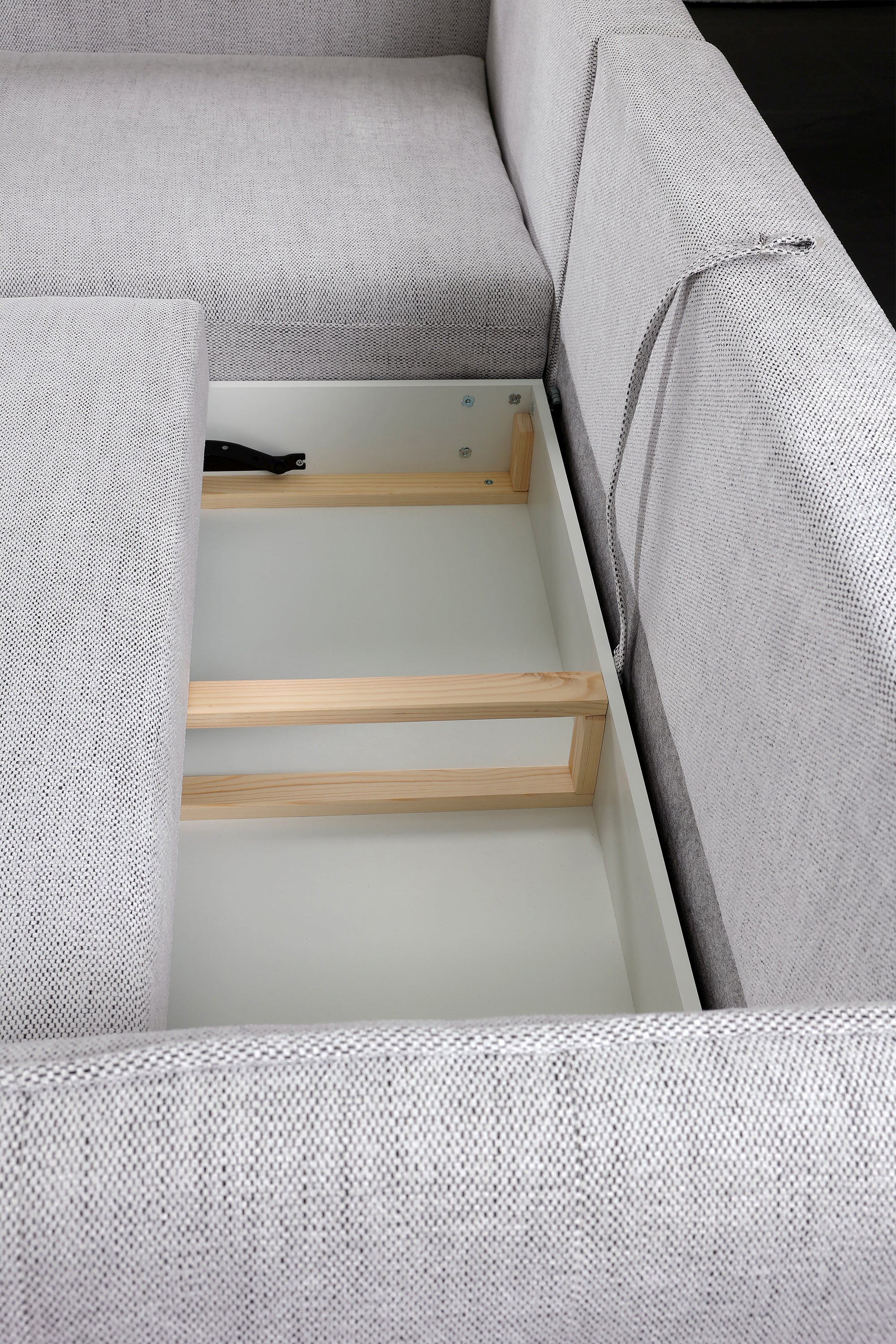 Ecksofa mit Schlaffunktion Oblivio mini, L-förmig, linksseitig, mit Stauraum, hellgraues Geflecht