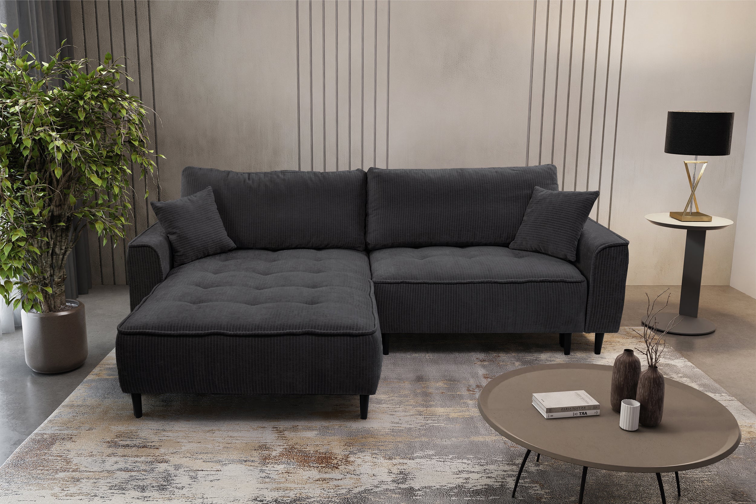 Ecksofa mit Schlaffunktion Blues, L-förmig, linksseitig, mit Stauraum, grafitfarbener Cordstoff
