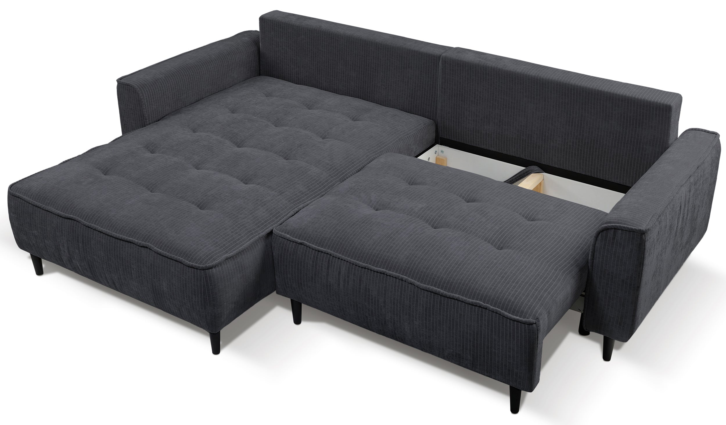 Ecksofa mit Schlaffunktion Blues, L-förmig, linksseitig, mit Stauraum, grafitfarbener Cordstoff